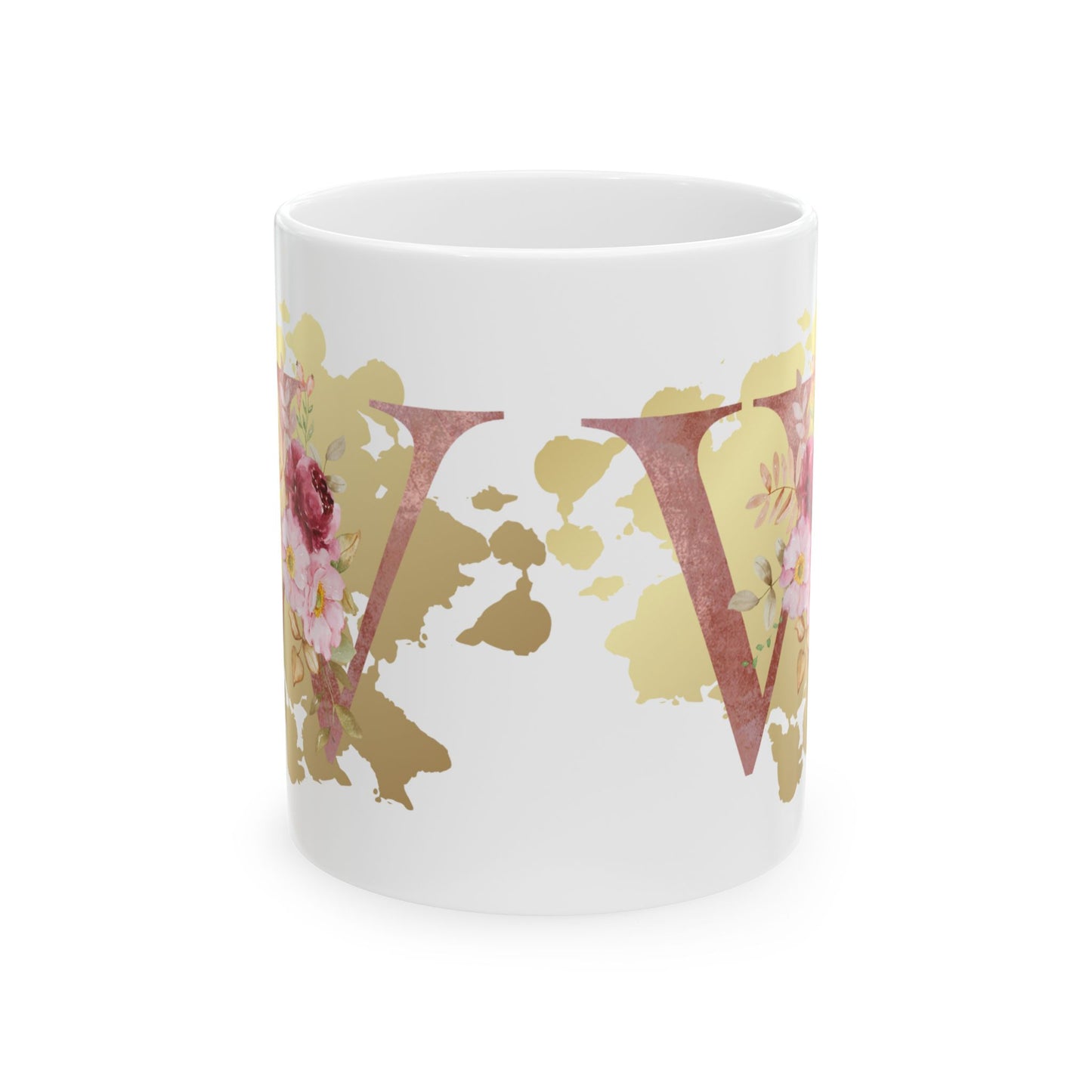 Ceramic Mug, (11oz) - Letter "W" Initial Pink Flower Gold Splash