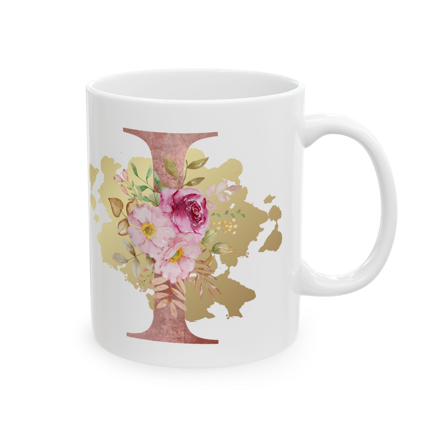 Ceramic Mug, (11oz) - Letter "I" Initial Pink Flower Gold Splash