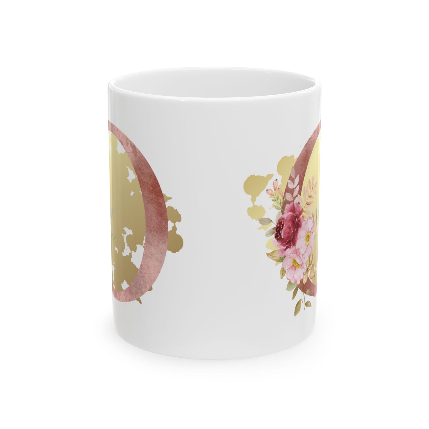Ceramic Mug, (11oz) - Letter "O" Initial Pink Flower Gold Splash