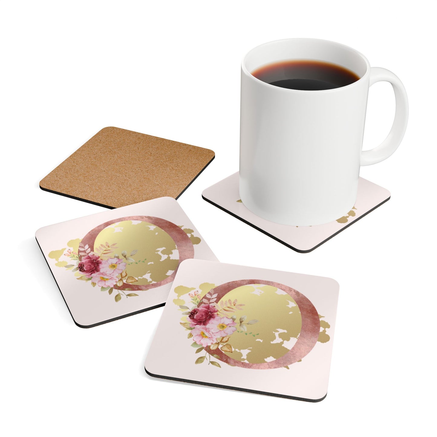 Coaster Set of 4 - Letter "O" Initial Pink Flower Gold Splash