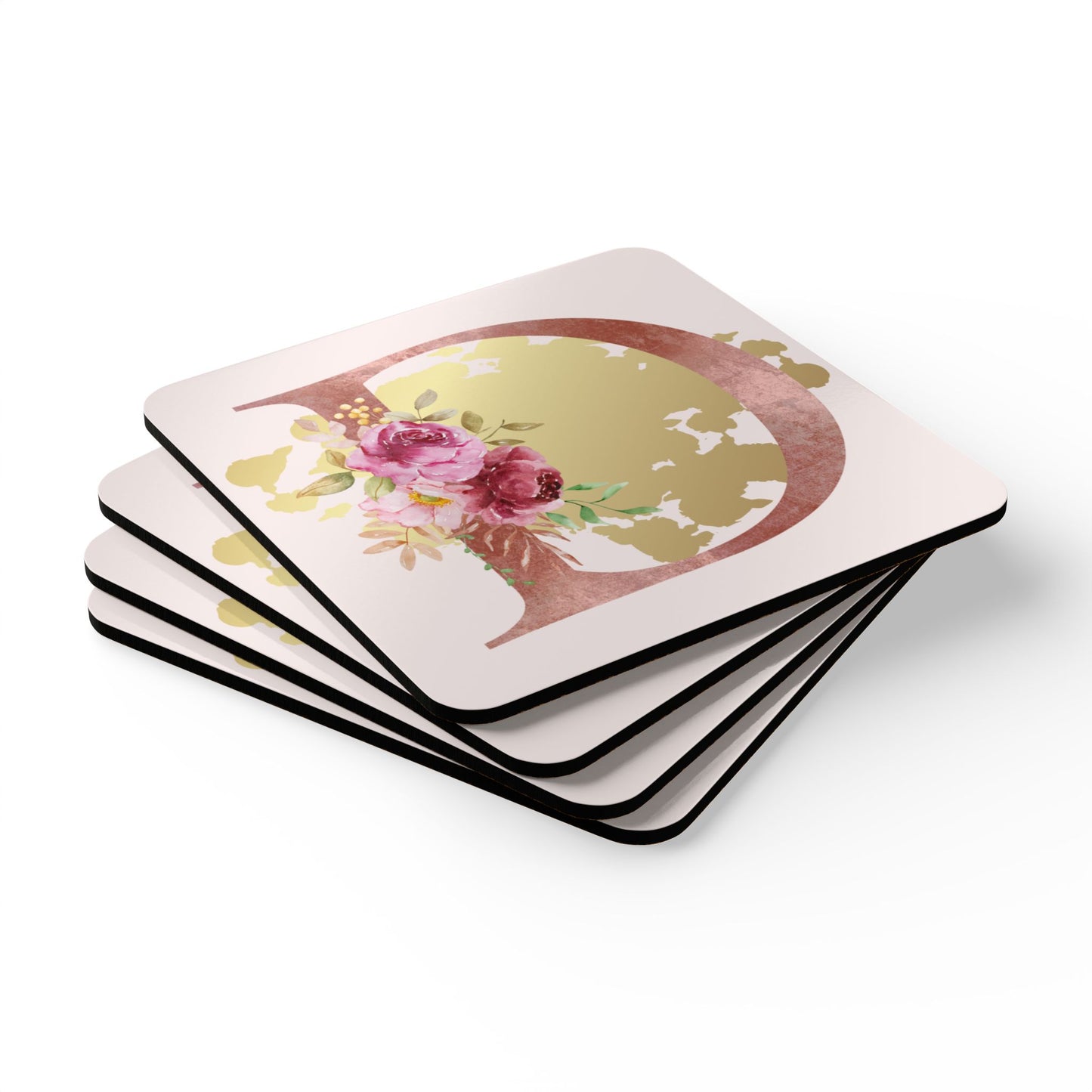 Coaster Set of 4 - Letter "D" Initial Pink Flower Gold Splash