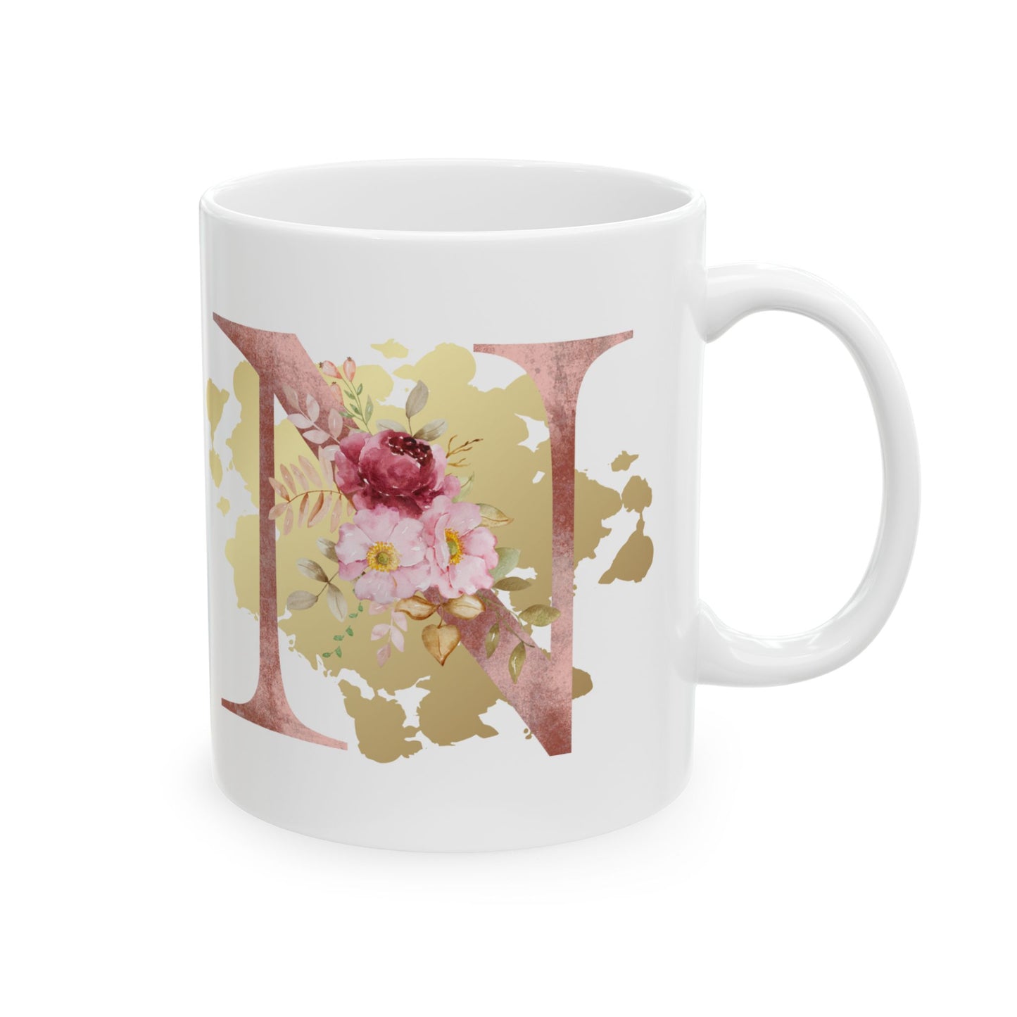 Ceramic Mug, (11oz) - Letter "N" Initial Pink Flower Gold Splash