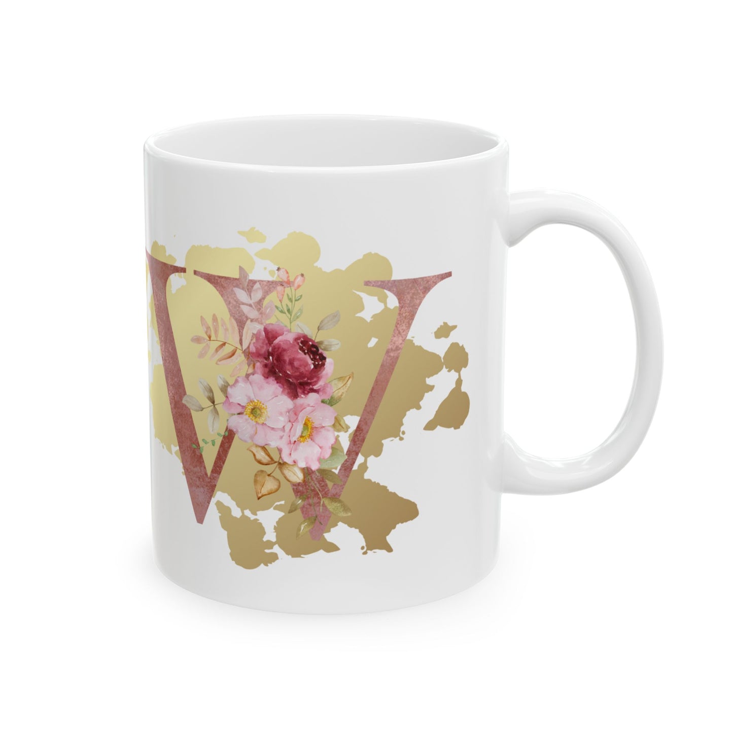 Ceramic Mug, (11oz) - Letter "W" Initial Pink Flower Gold Splash