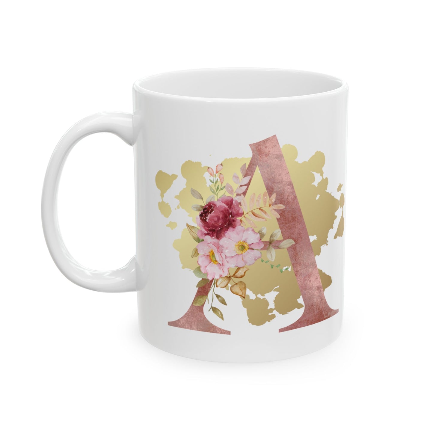 Ceramic Mug, (11oz) - Letter "A" Initial Pink Flower Gold Splash