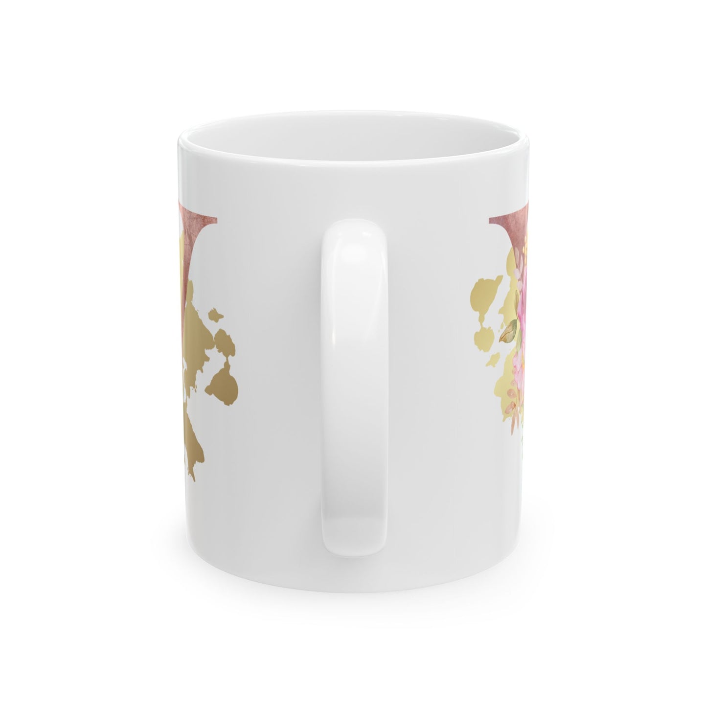 Ceramic Mug, (11oz) - Letter "V" Initial Pink Flower Gold Splash