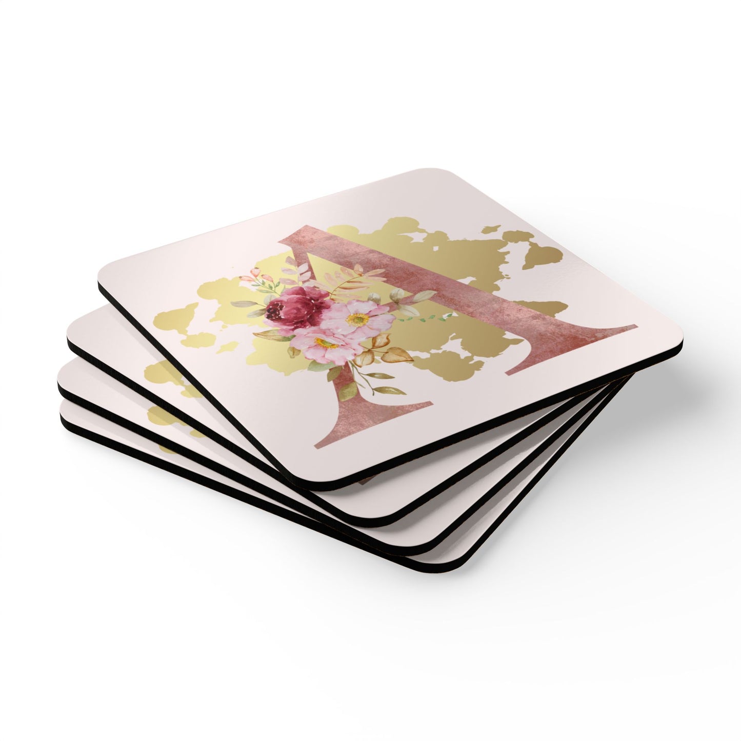 Coaster Set of 4 - Letter "A" Initial Pink Flower Gold Splash