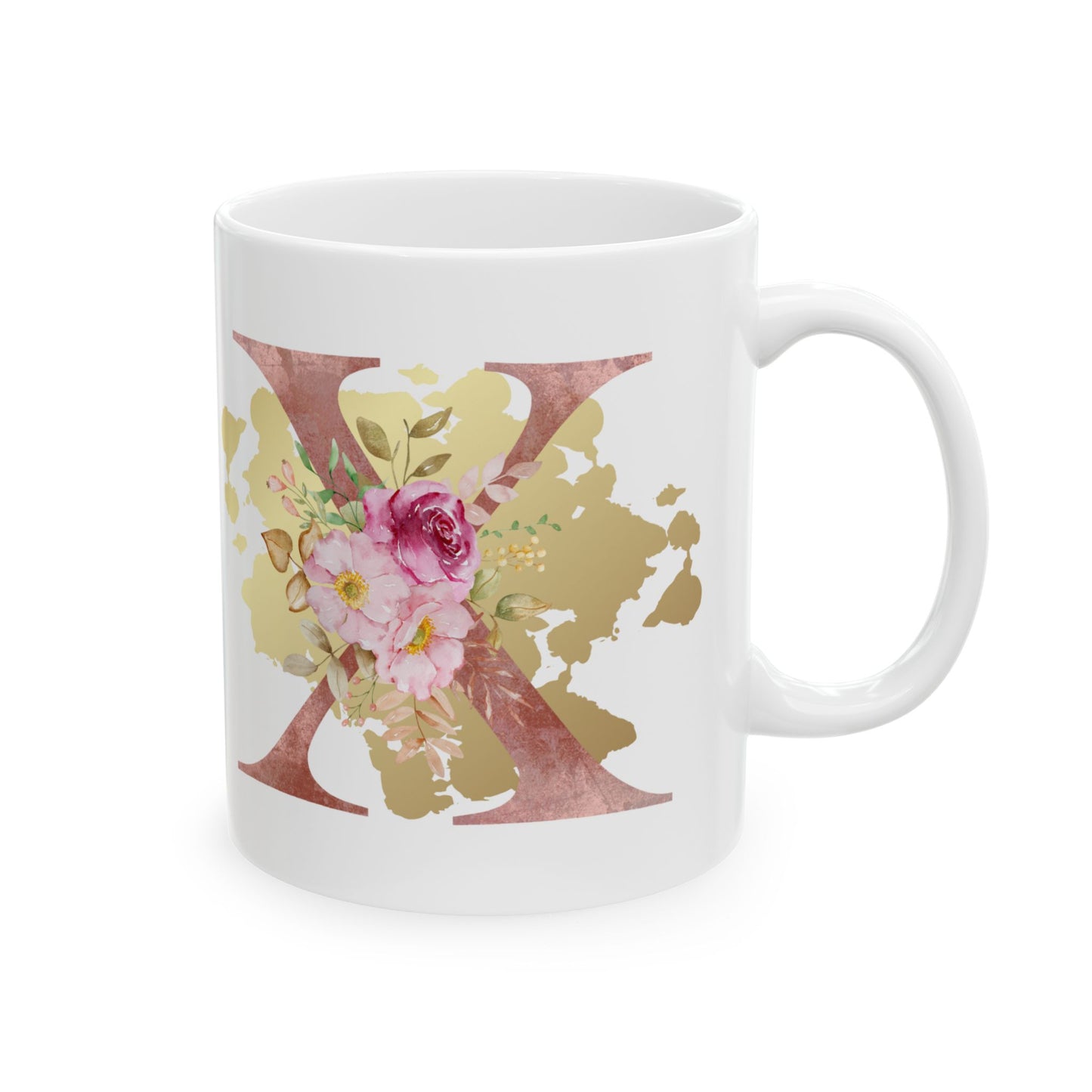 Ceramic Mug, (11oz) - Letter "X" Initial Pink Flower Gold Splash