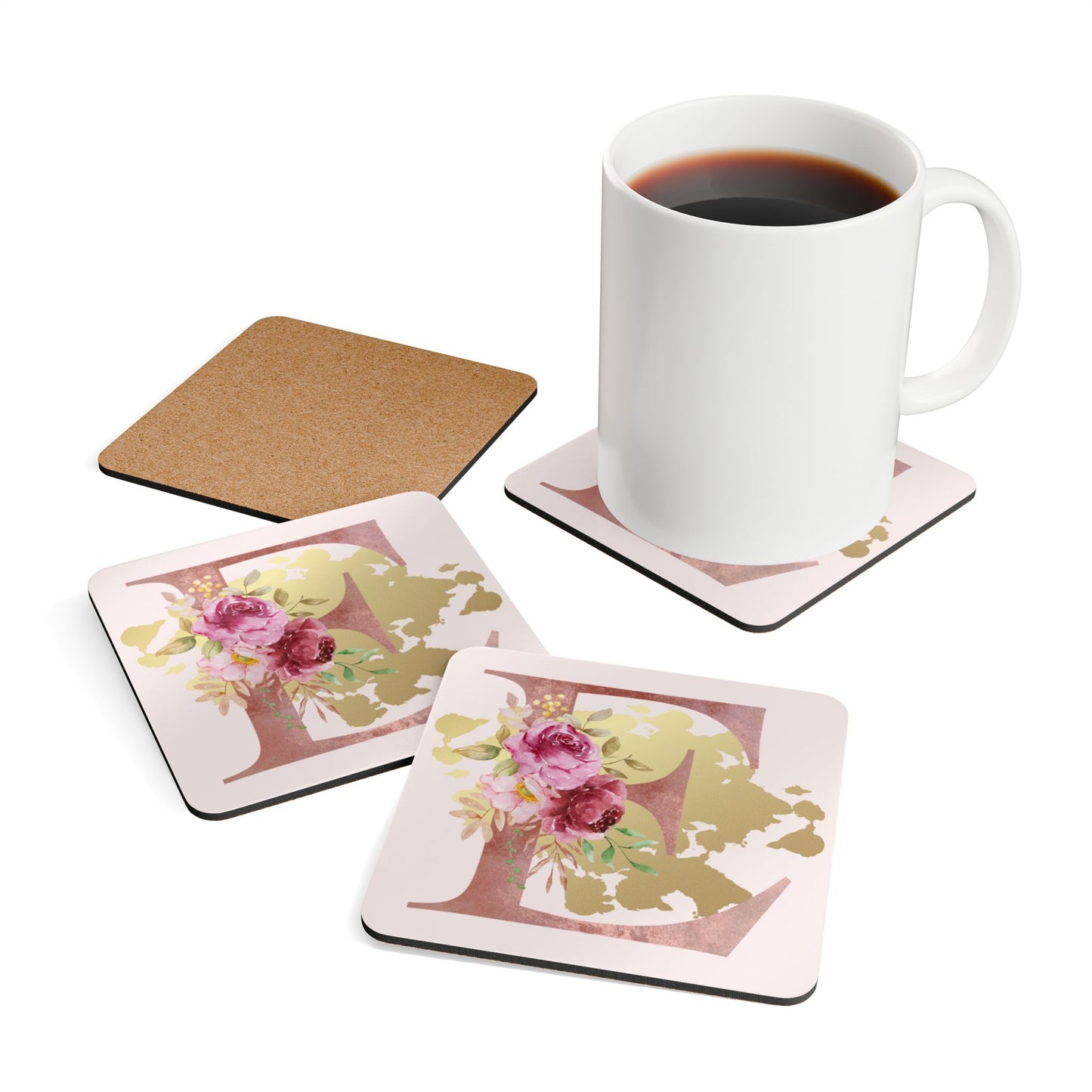 Coaster Set of 4 - Letter "E" Initial Pink Flower Gold Splash