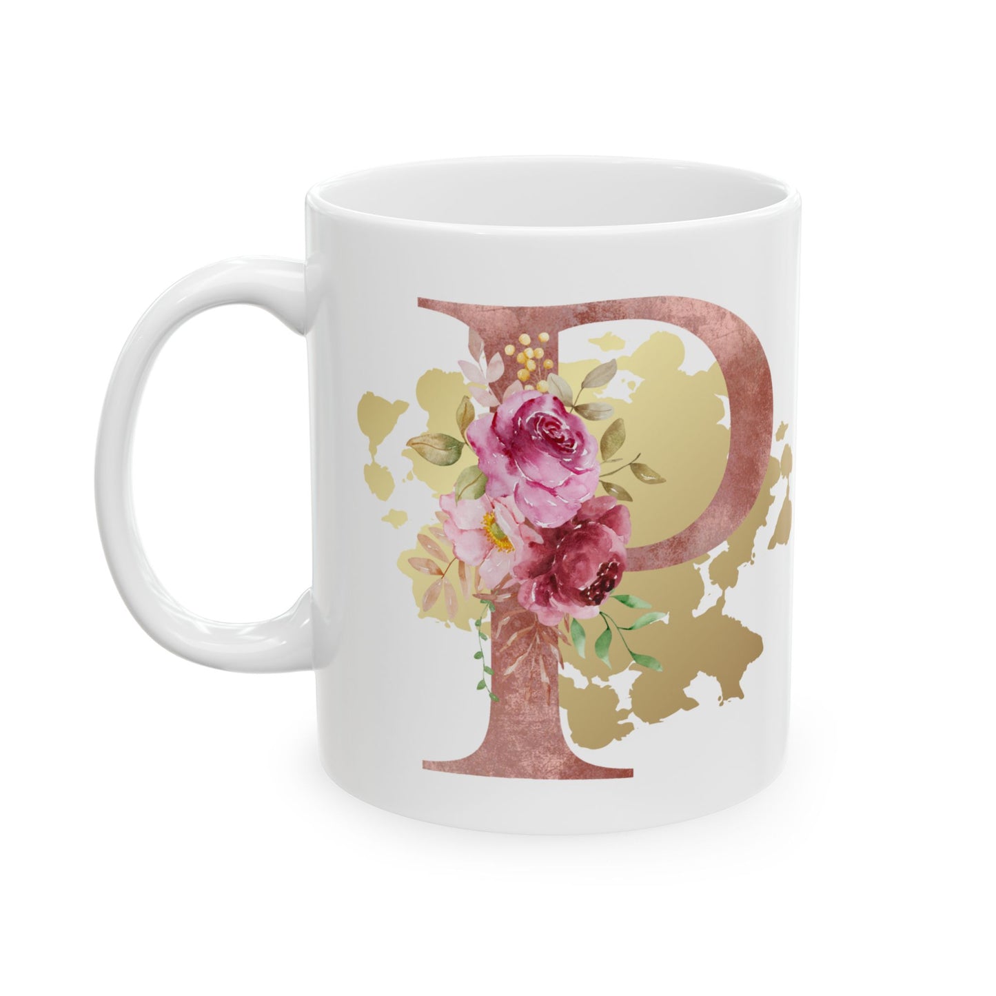 Ceramic Mug, (11oz) - Letter "P" Initial Pink Flower Gold Splash