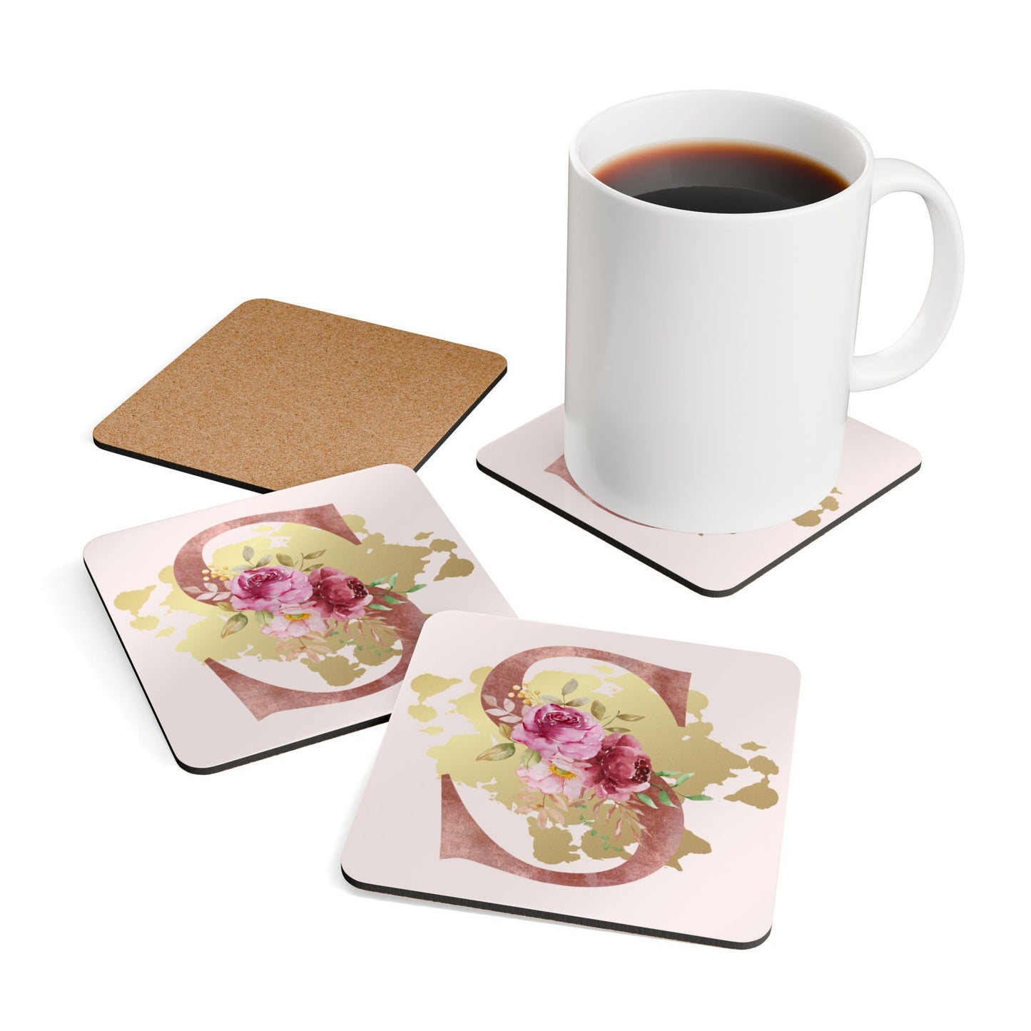 Coaster Set of 4 - Letter "S" Initial Pink Flower Gold Splash