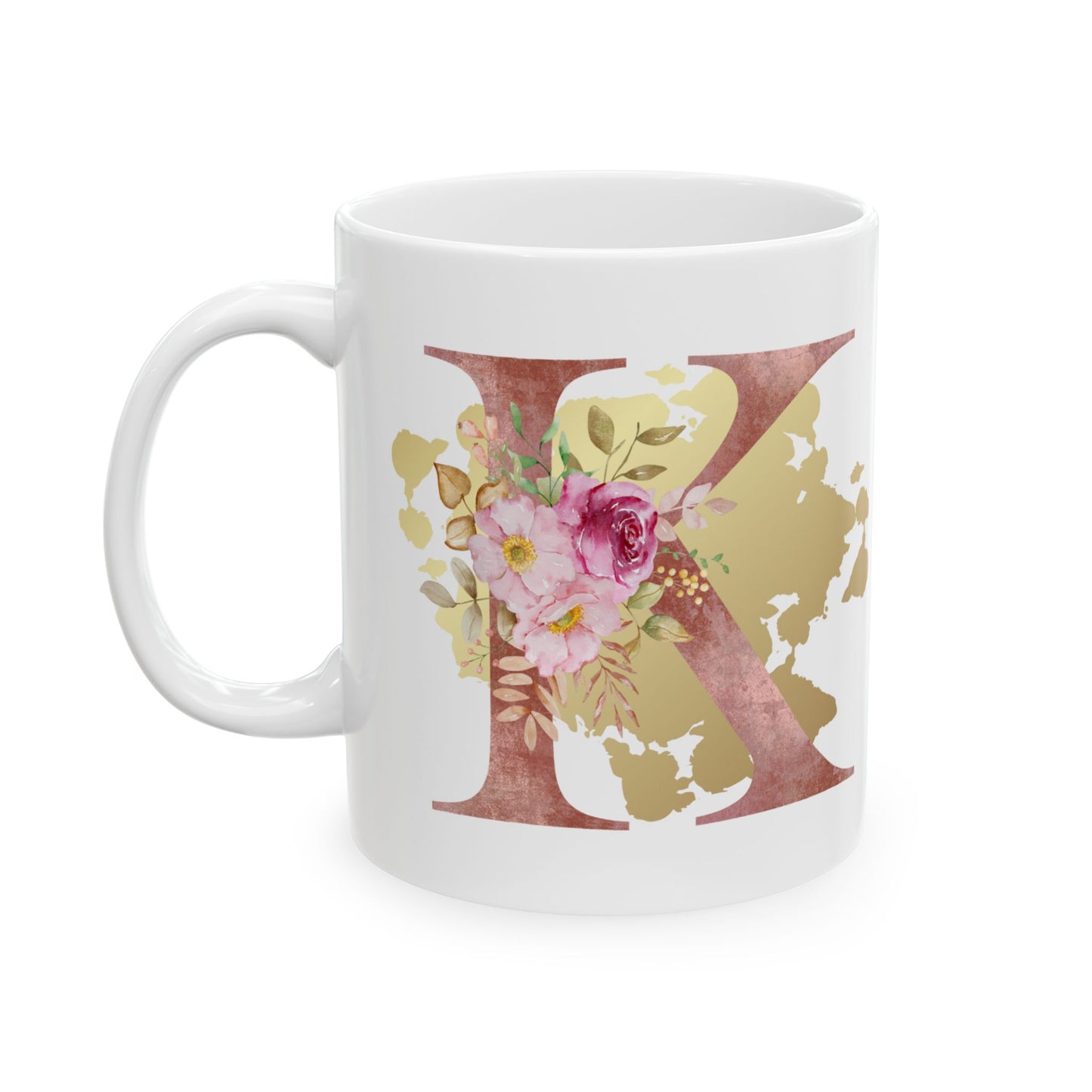 Ceramic Mug, (11oz) - Letter "K" Initial Pink Flower Gold Splash