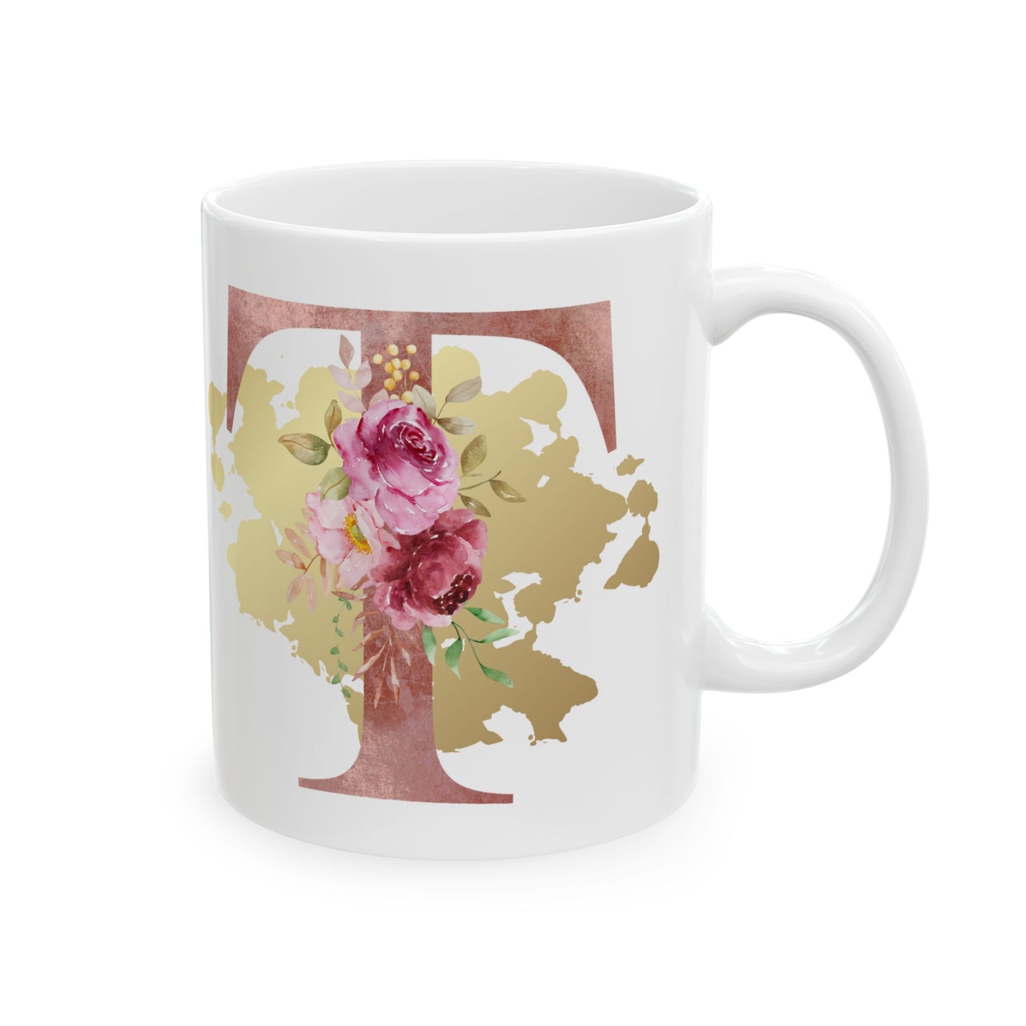 Ceramic Mug, (11oz) - Letter "T" Initial Pink Flower Gold Splash
