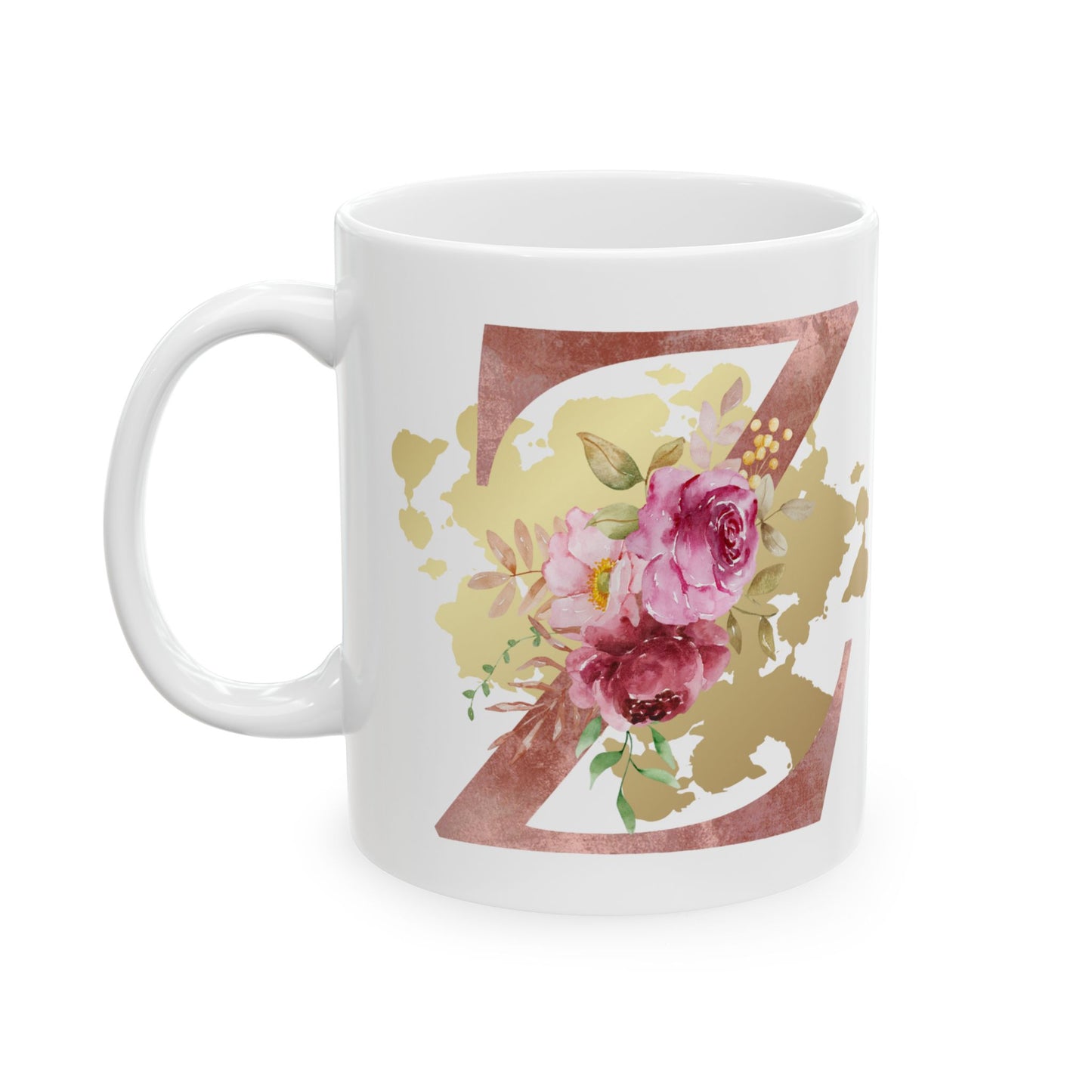 Ceramic Mug, (11oz) - Letter "Z" Initial Pink Flower Gold Splash