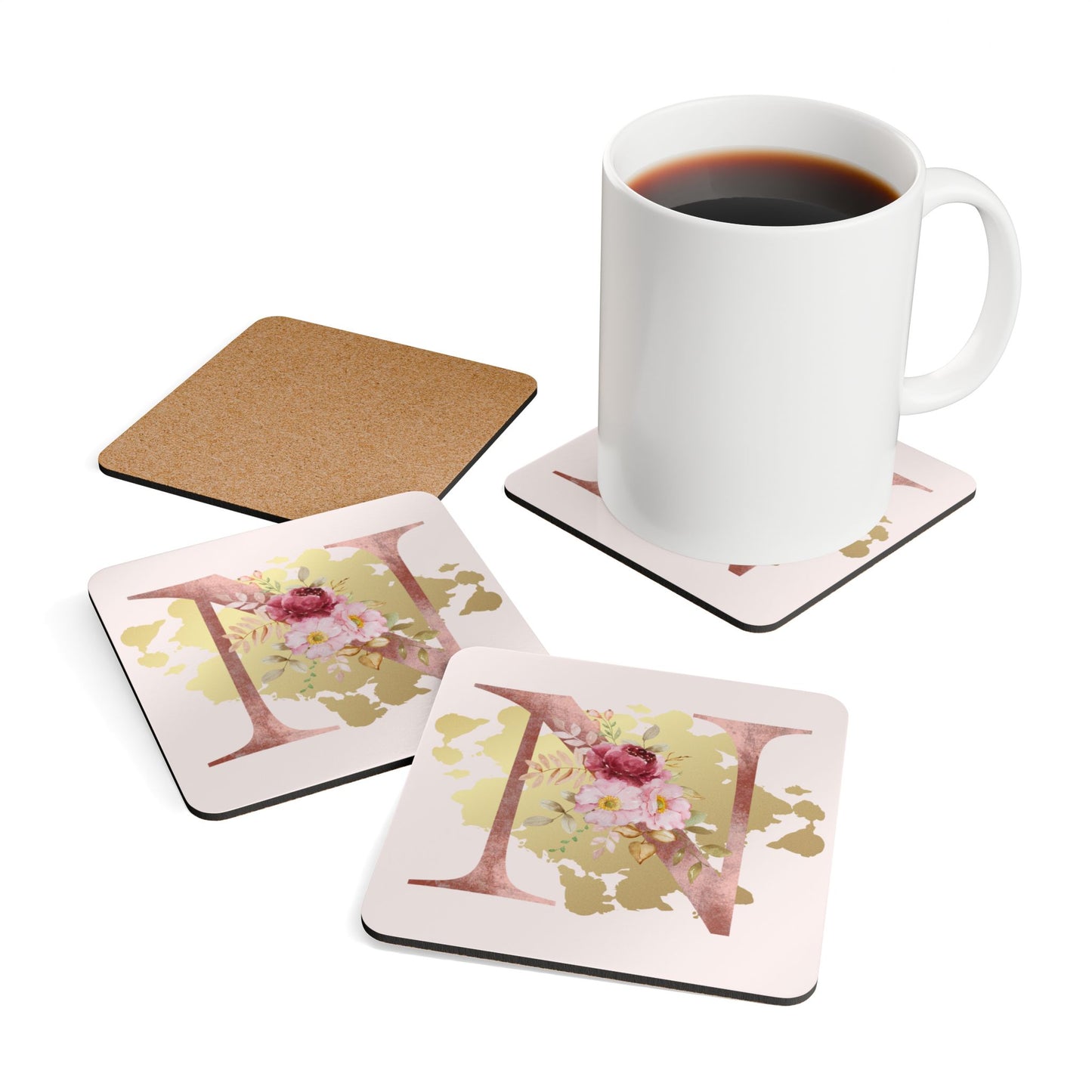 Coaster Set of 4 - Letter "N" Initial Pink Flower Gold Splash