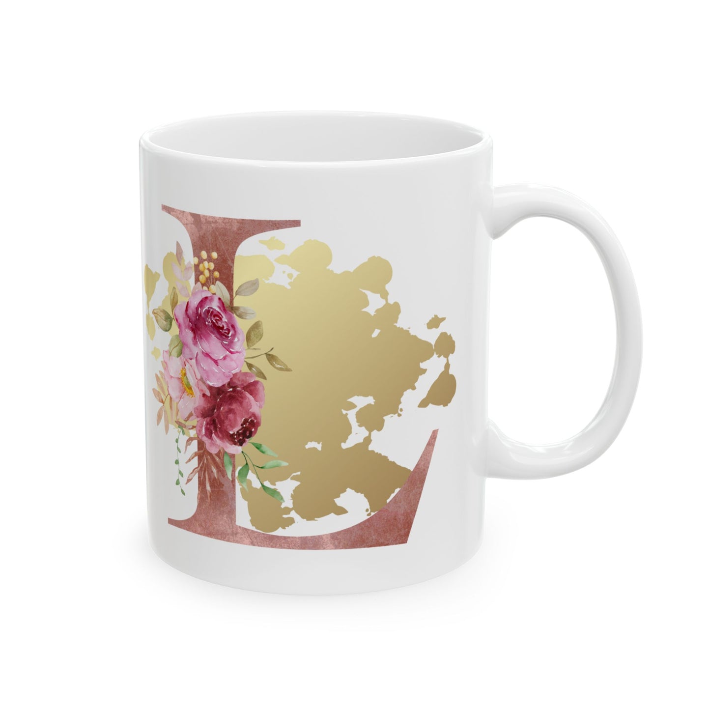 Ceramic Mug, (11oz) - Letter "L" Initial Pink Flower Gold Splash
