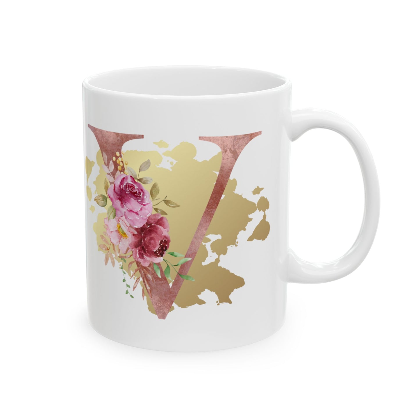 Ceramic Mug, (11oz) - Letter "V" Initial Pink Flower Gold Splash