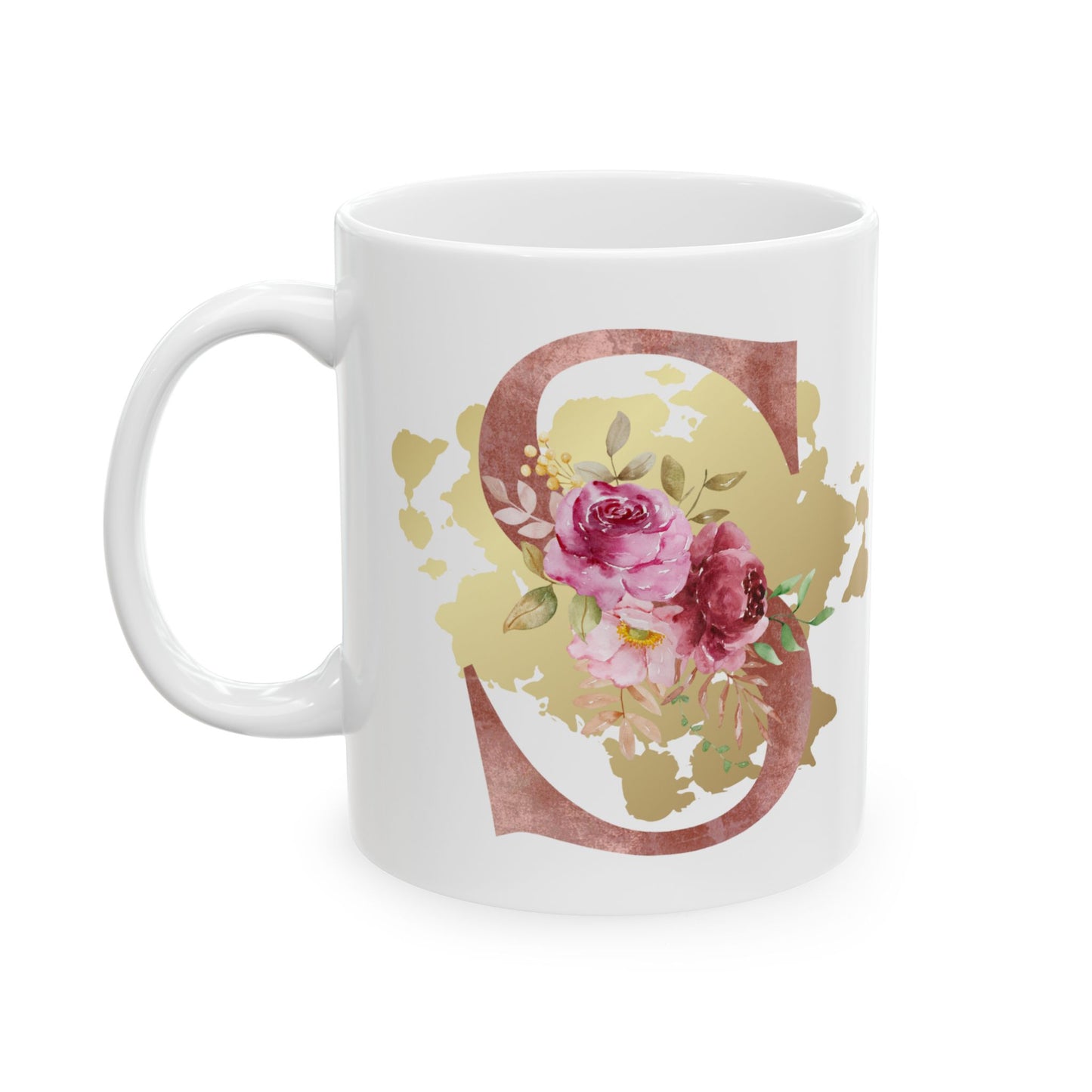 Ceramic Mug, (11oz) - Letter "S" Initial Pink Flower Gold Splash