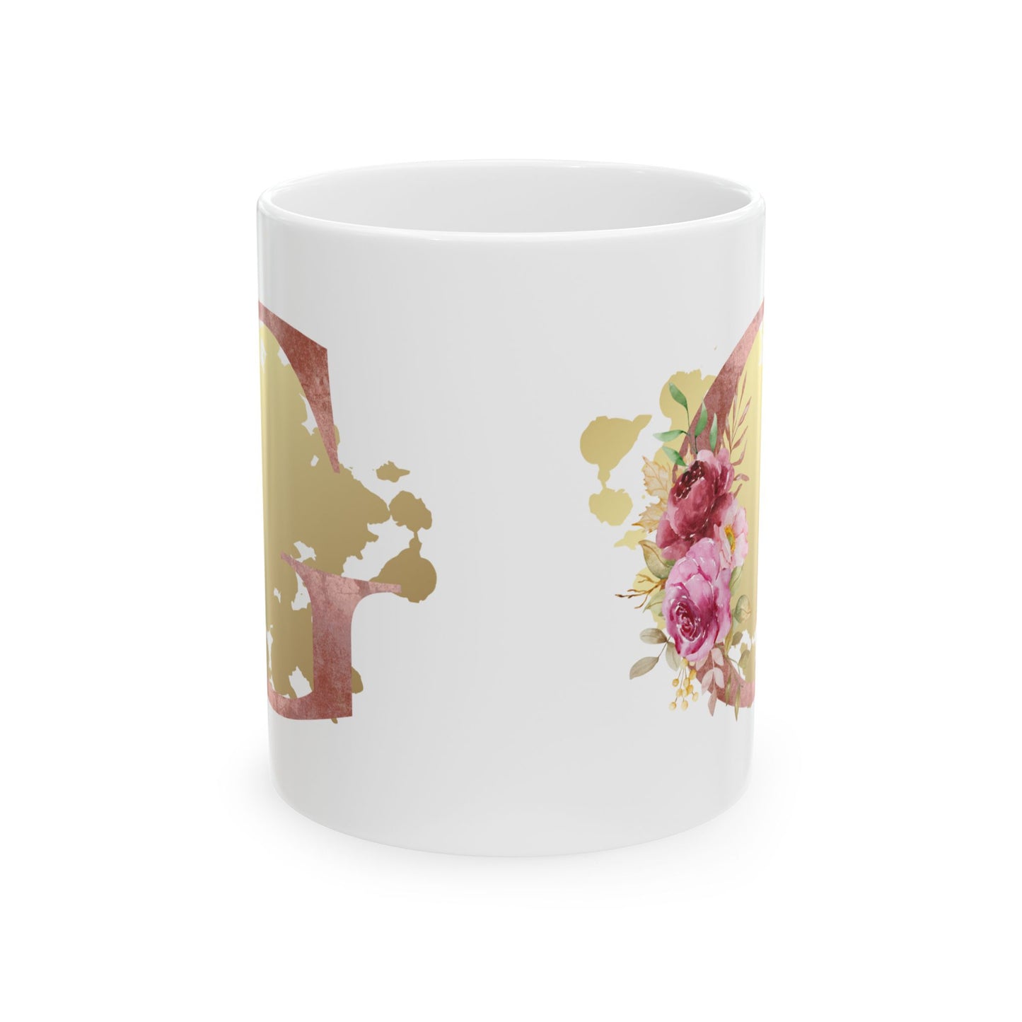 Ceramic Mug, (11oz) - Letter "G" Initial Pink Flower Gold Splash