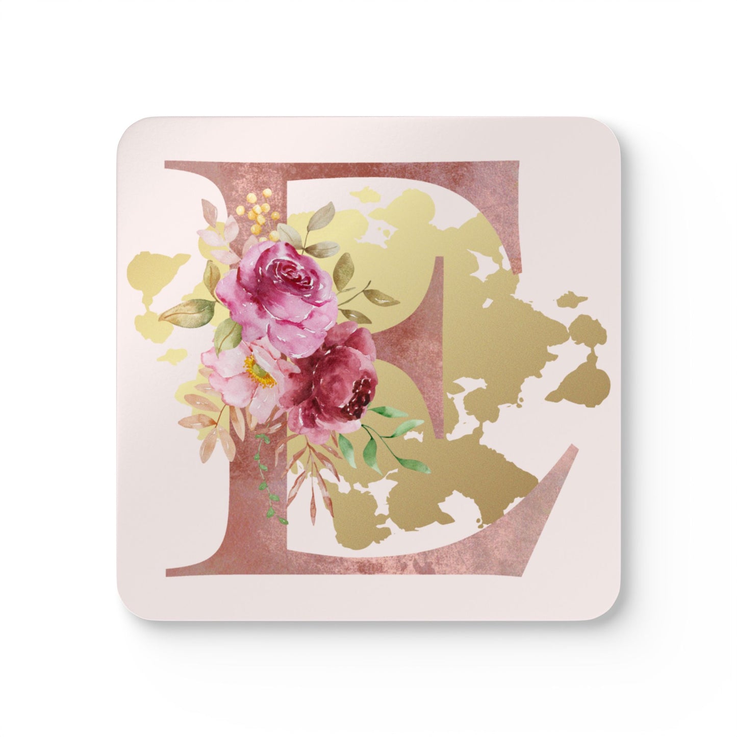 Coaster Set of 4 - Letter "E" Initial Pink Flower Gold Splash