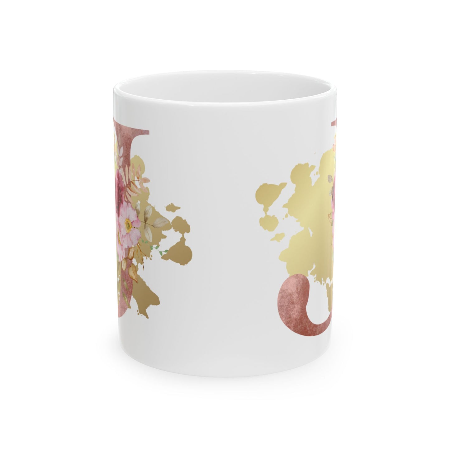 Ceramic Mug, (11oz) - Letter "J" Initial Pink Flower Gold Splash