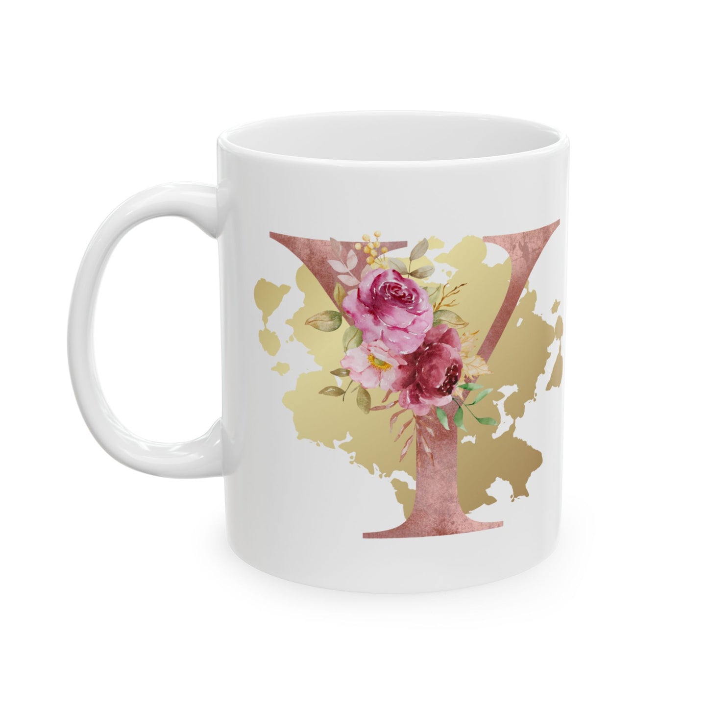 Ceramic Mug, (11oz) - Letter "Y" Initial Pink Flower Gold Splash