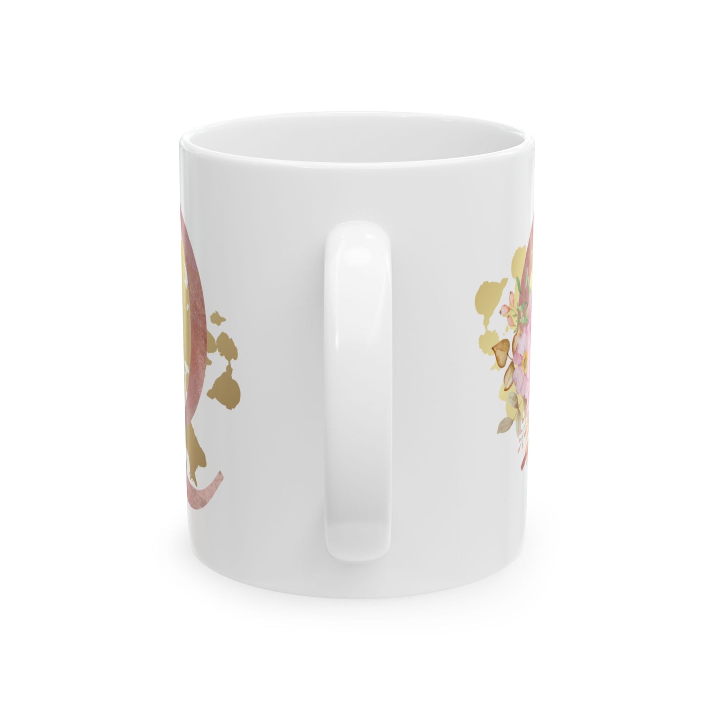 Ceramic Mug, (11oz) - Letter "Q" Initial Pink Flower Gold Splash