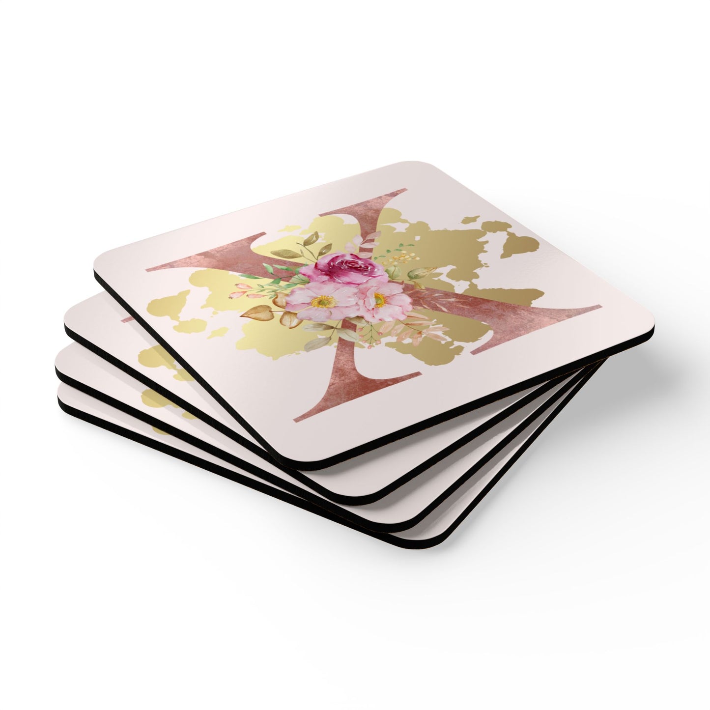 Coaster Set of 4 - Letter "X" Initial Pink Flower Gold Splash