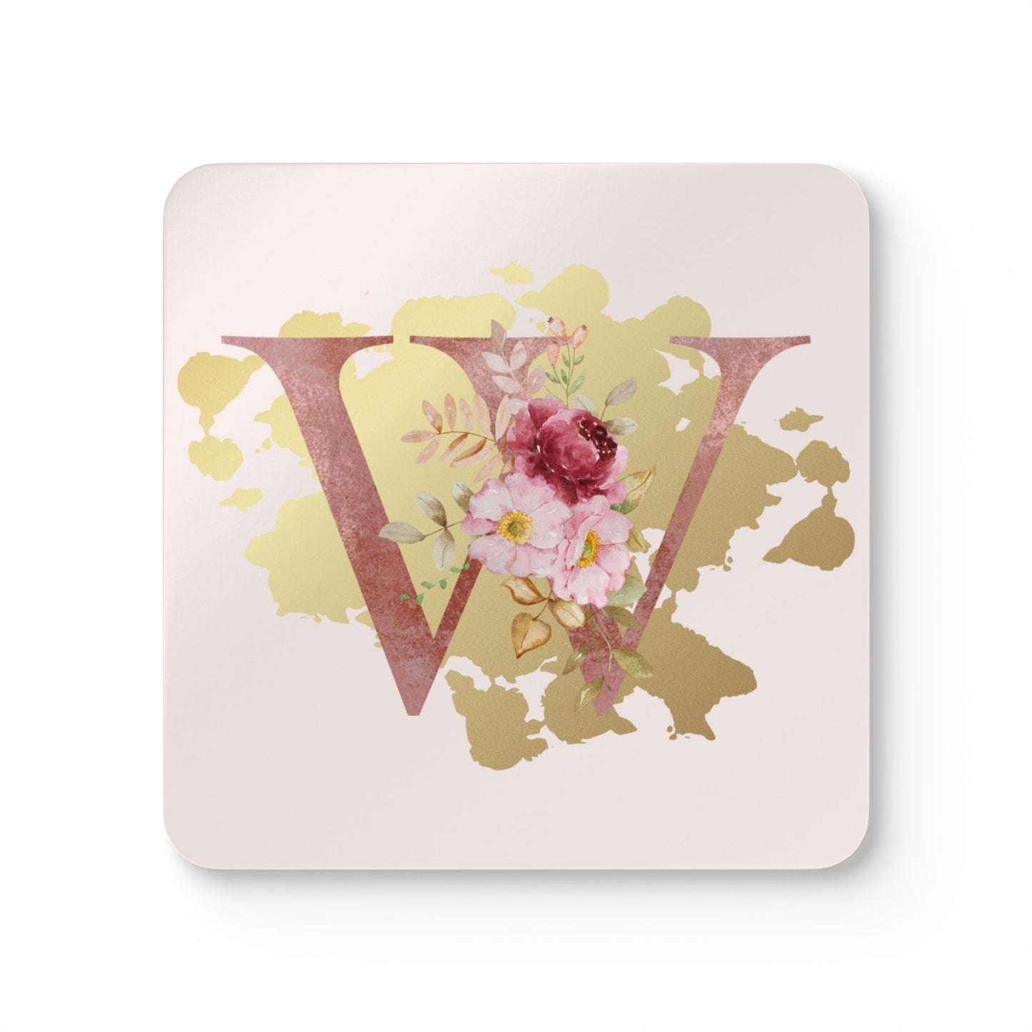Coaster Set of 4 - Letter "W" Initial Pink Flower Gold Splash