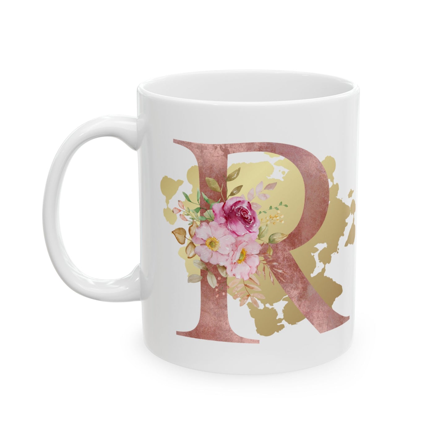 Ceramic Mug, (11oz) - Letter "R" Initial Pink Flower Gold Splash