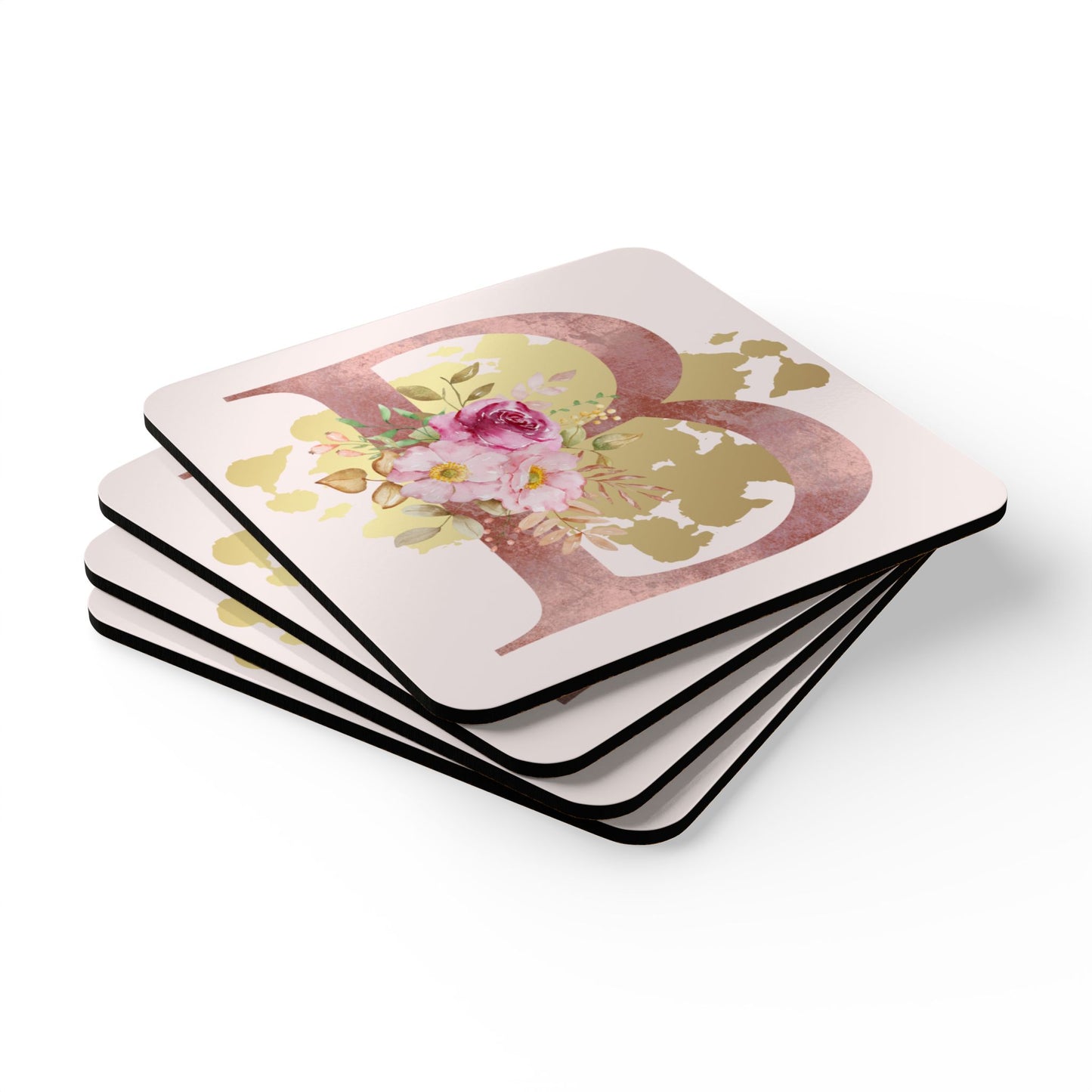 Coaster Set of 4 - Letter "B" Initial Pink Flower Gold Splash