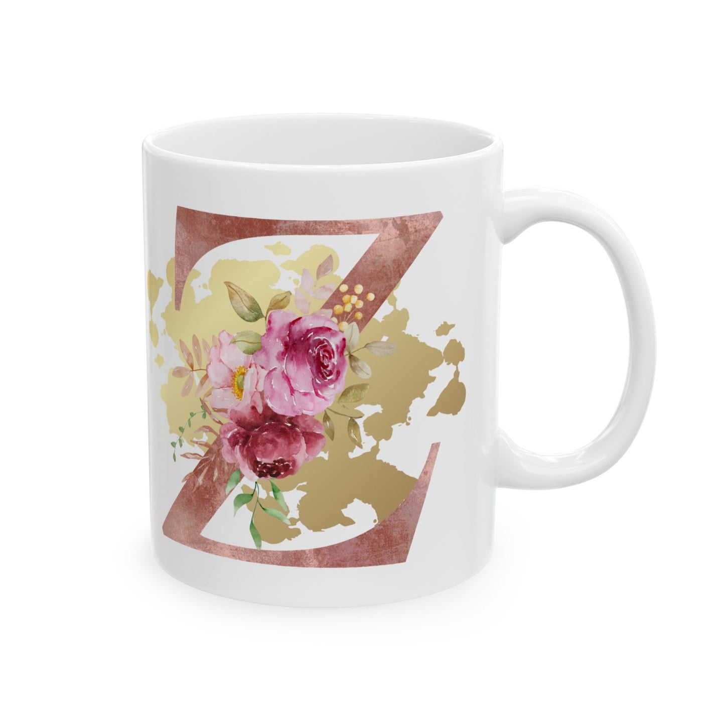 Ceramic Mug, (11oz) - Letter "Z" Initial Pink Flower Gold Splash