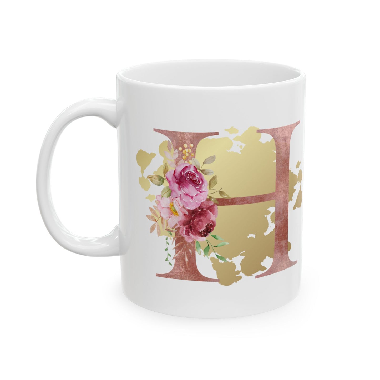 Ceramic Mug, (11oz) - Letter "H" Initial Pink Flower Gold Splash