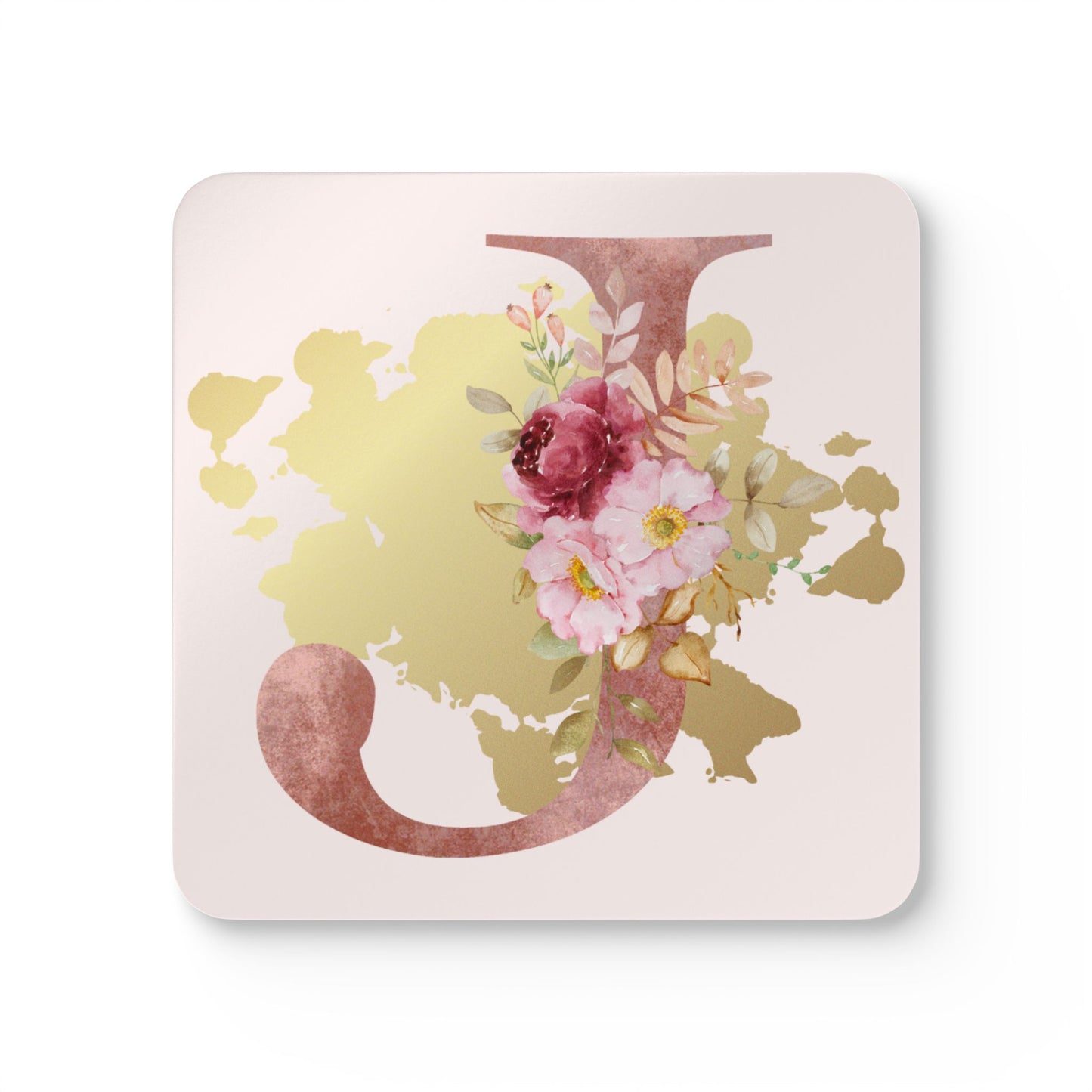 Coaster Set of 4 - Letter "J" Initial Pink Flower Gold Splash