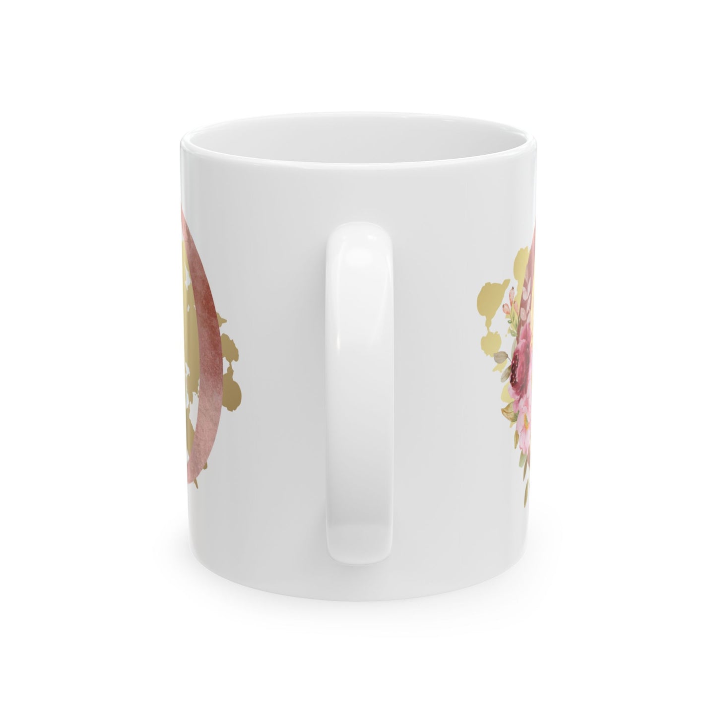 Ceramic Mug, (11oz) - Letter "O" Initial Pink Flower Gold Splash