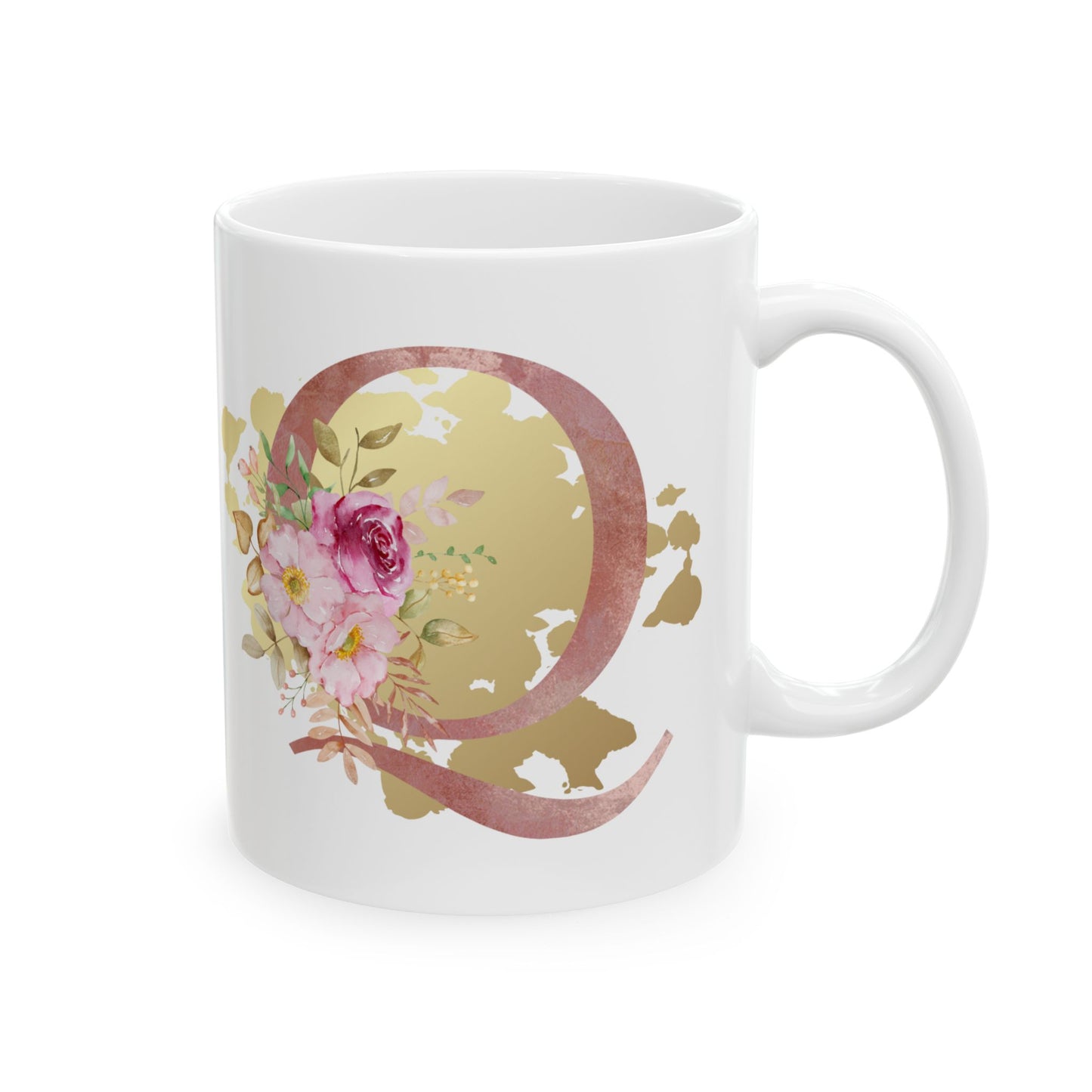Ceramic Mug, (11oz) - Letter "Q" Initial Pink Flower Gold Splash