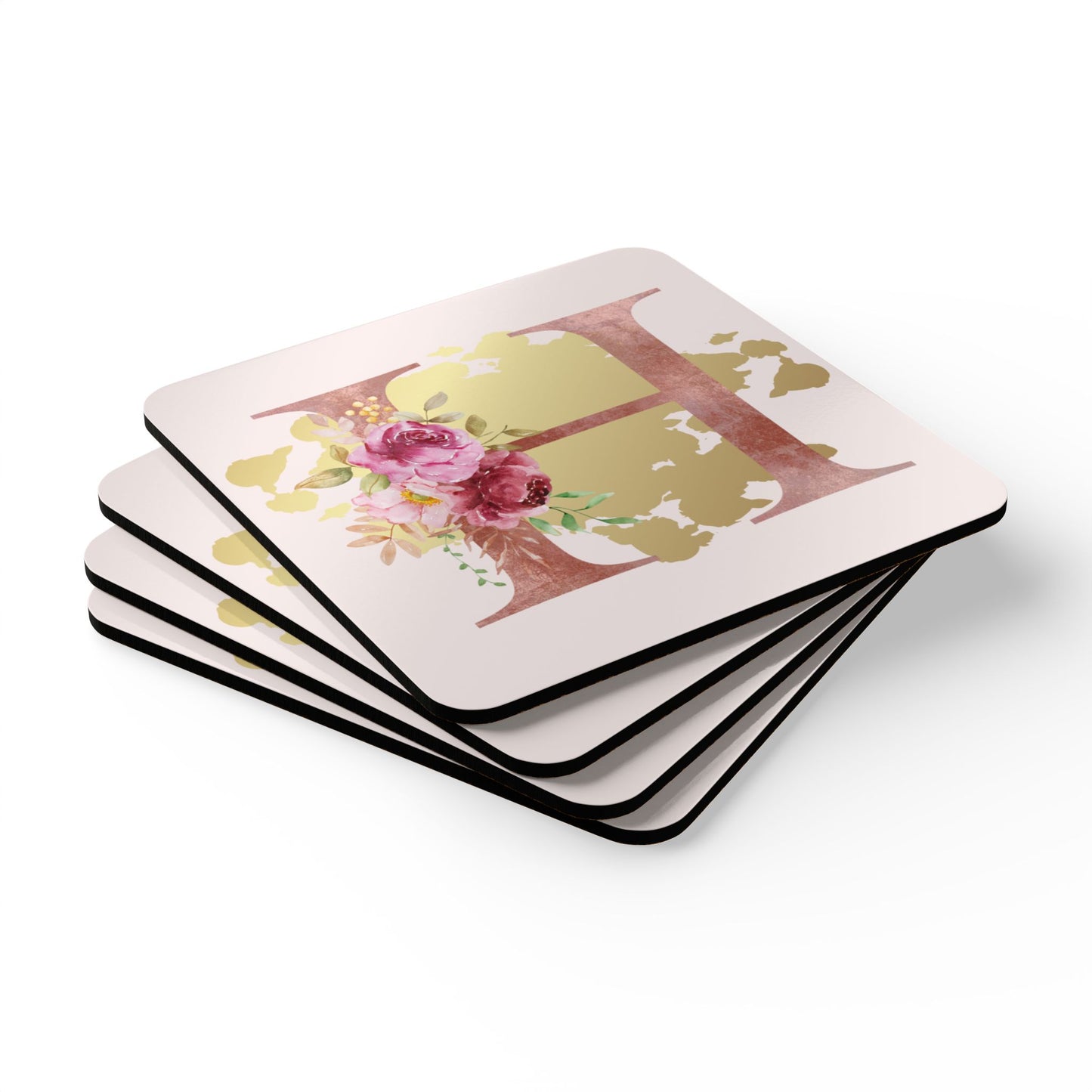 Coaster Set of 4 - Letter "H" Initial Pink Flower Gold Splash