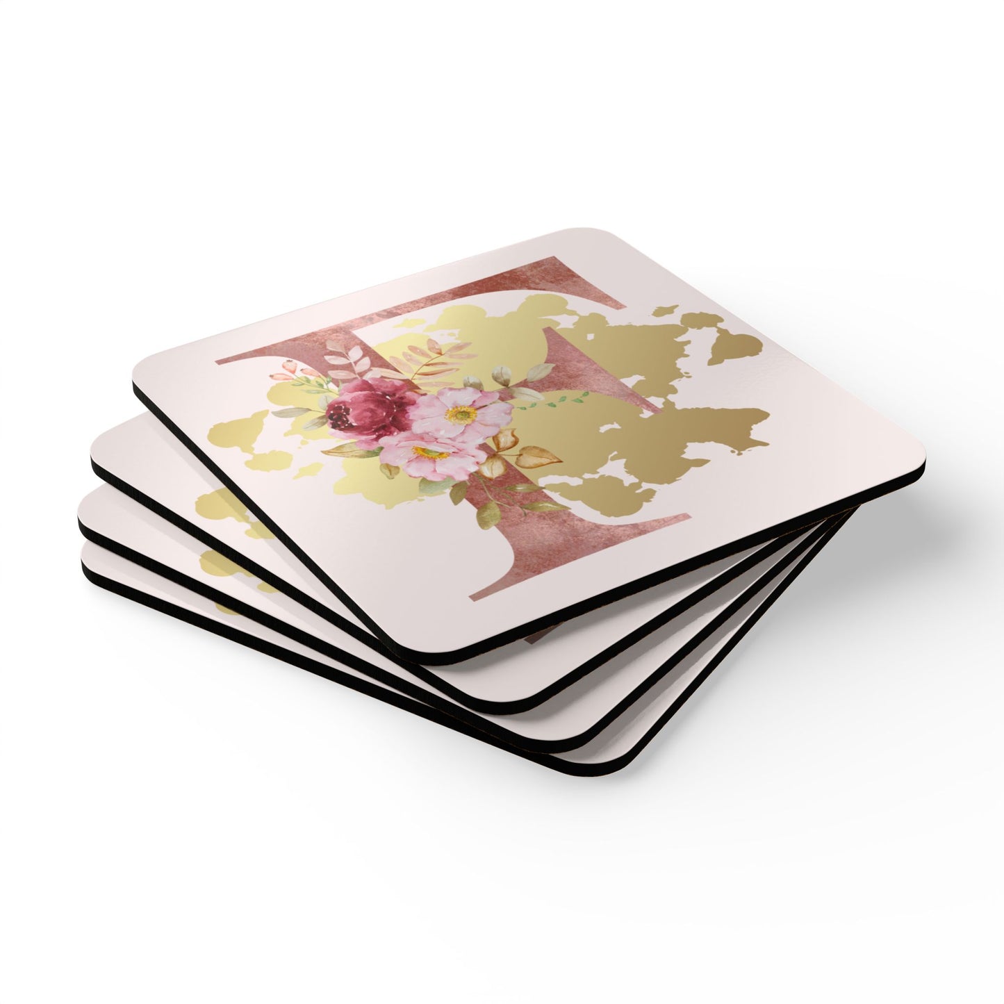 Coaster Set of 4 - Letter "F" Initial Pink Flower Gold Splash
