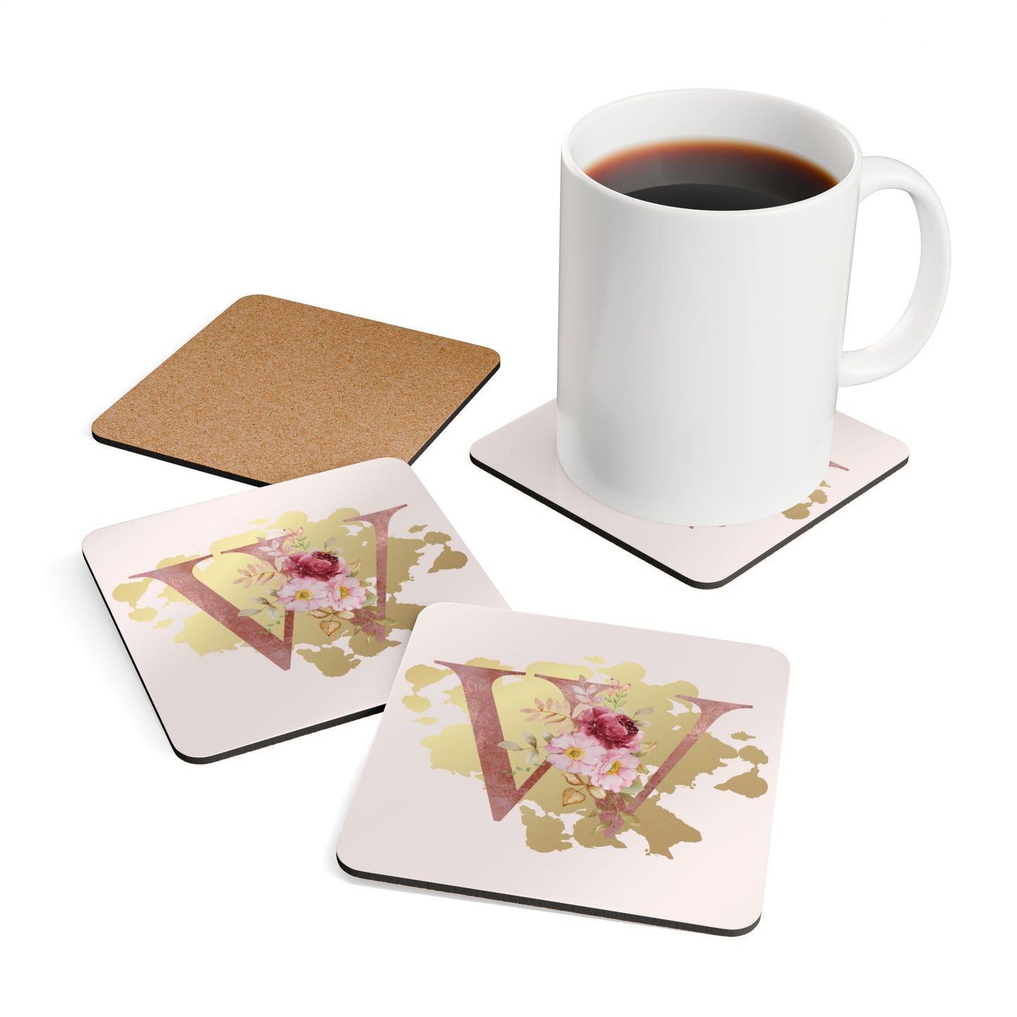 Coaster Set of 4 - Letter "W" Initial Pink Flower Gold Splash