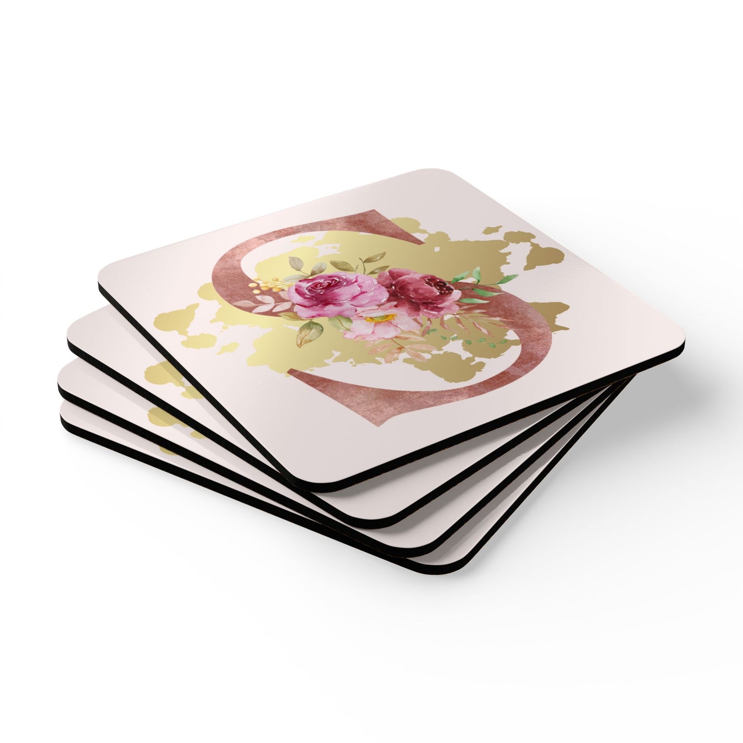 Coaster Set of 4 - Letter "S" Initial Pink Flower Gold Splash