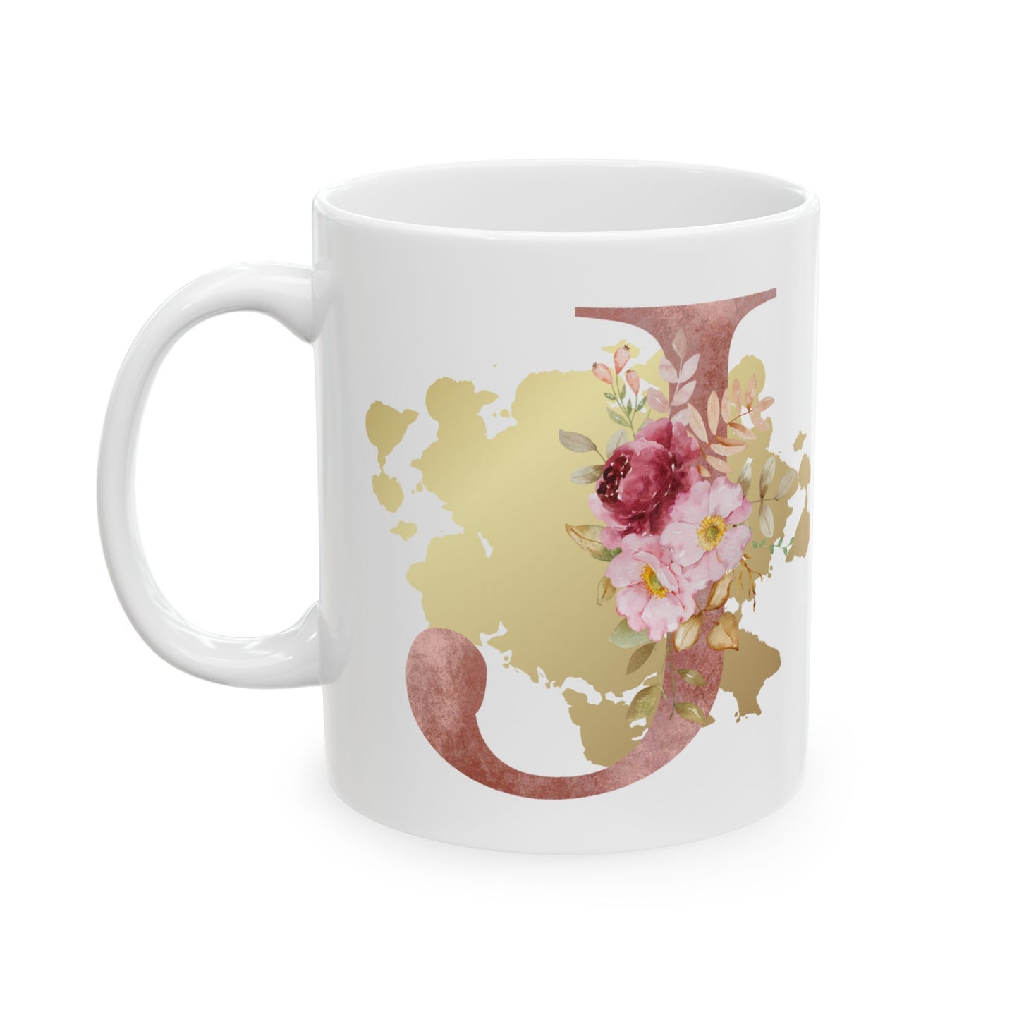 Ceramic Mug, (11oz) - Letter "J" Initial Pink Flower Gold Splash