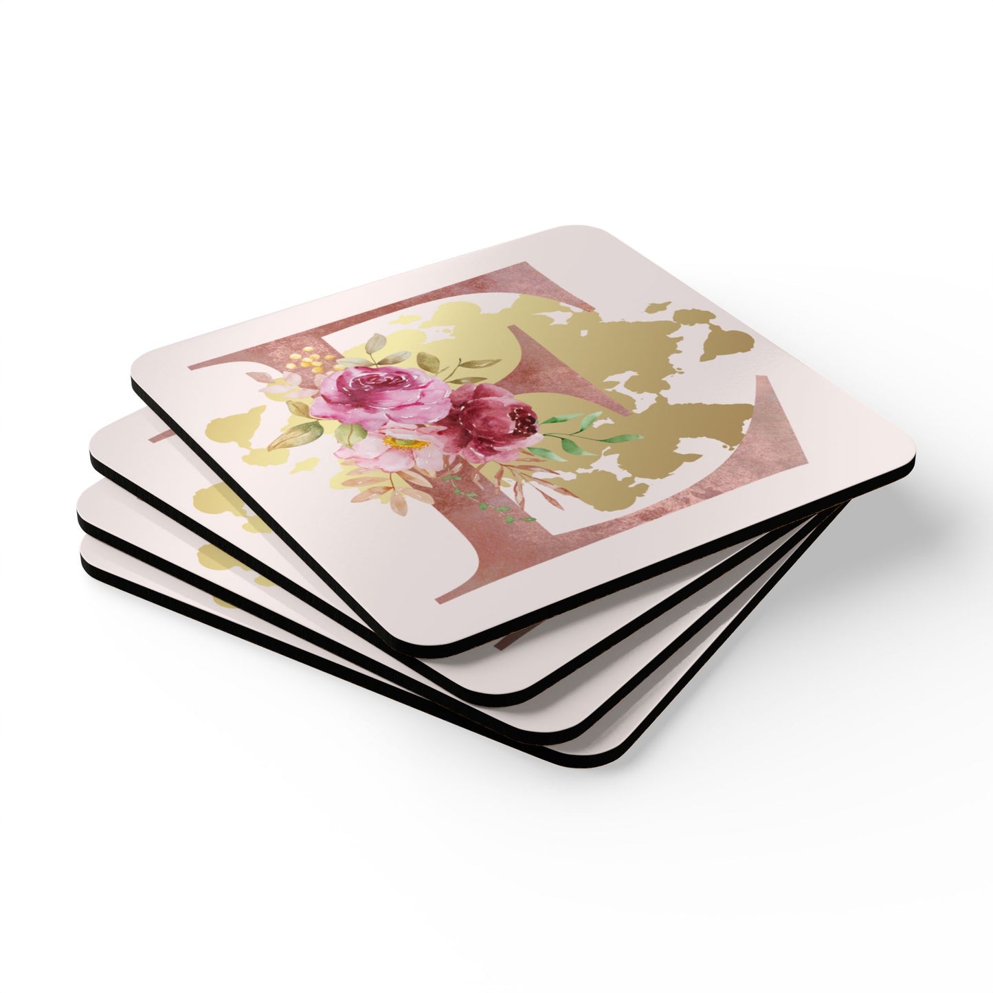 Coaster Set of 4 - Letter "E" Initial Pink Flower Gold Splash