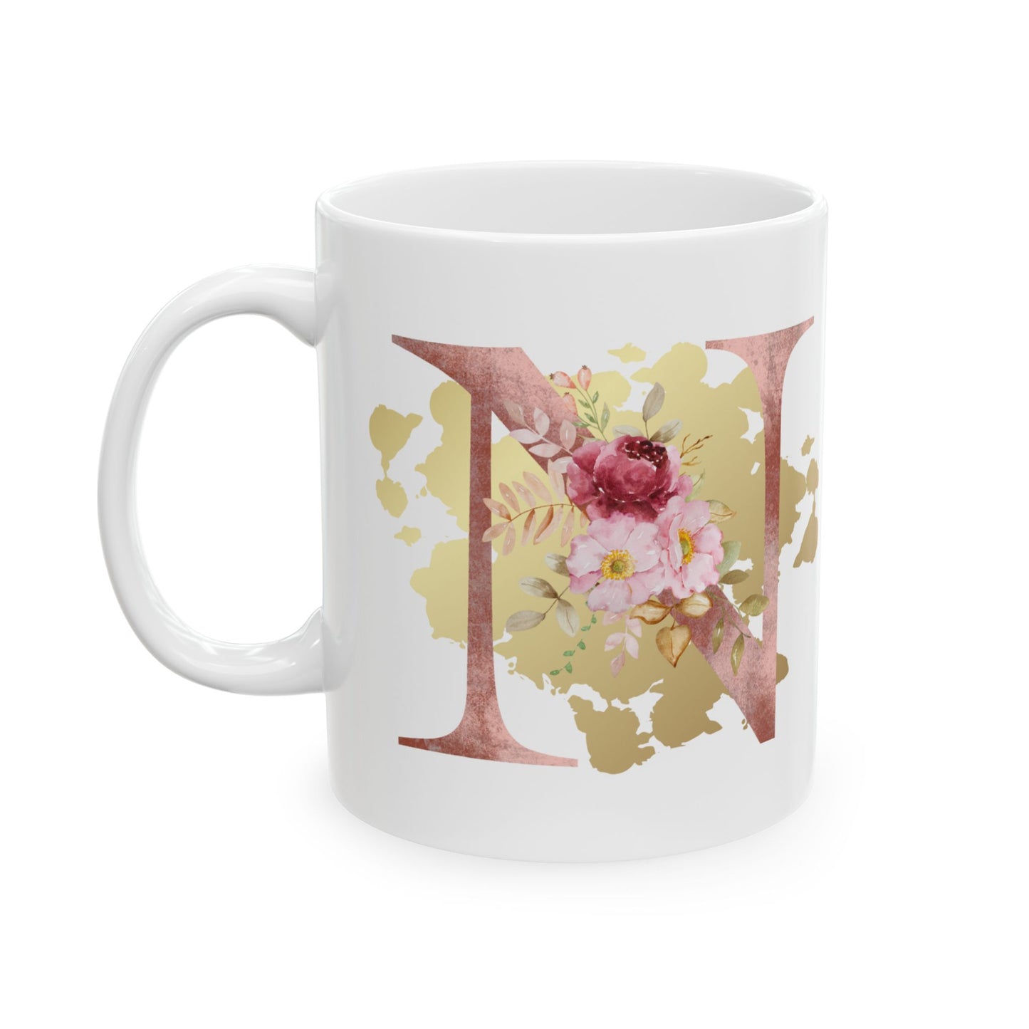 Ceramic Mug, (11oz) - Letter "N" Initial Pink Flower Gold Splash