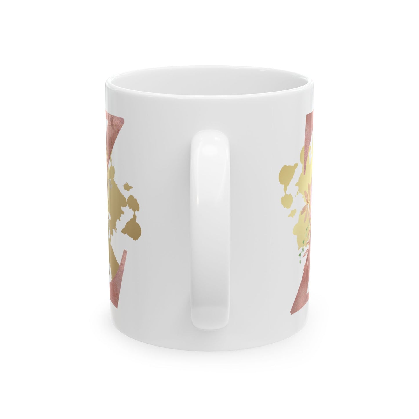 Ceramic Mug, (11oz) - Letter "Z" Initial Pink Flower Gold Splash