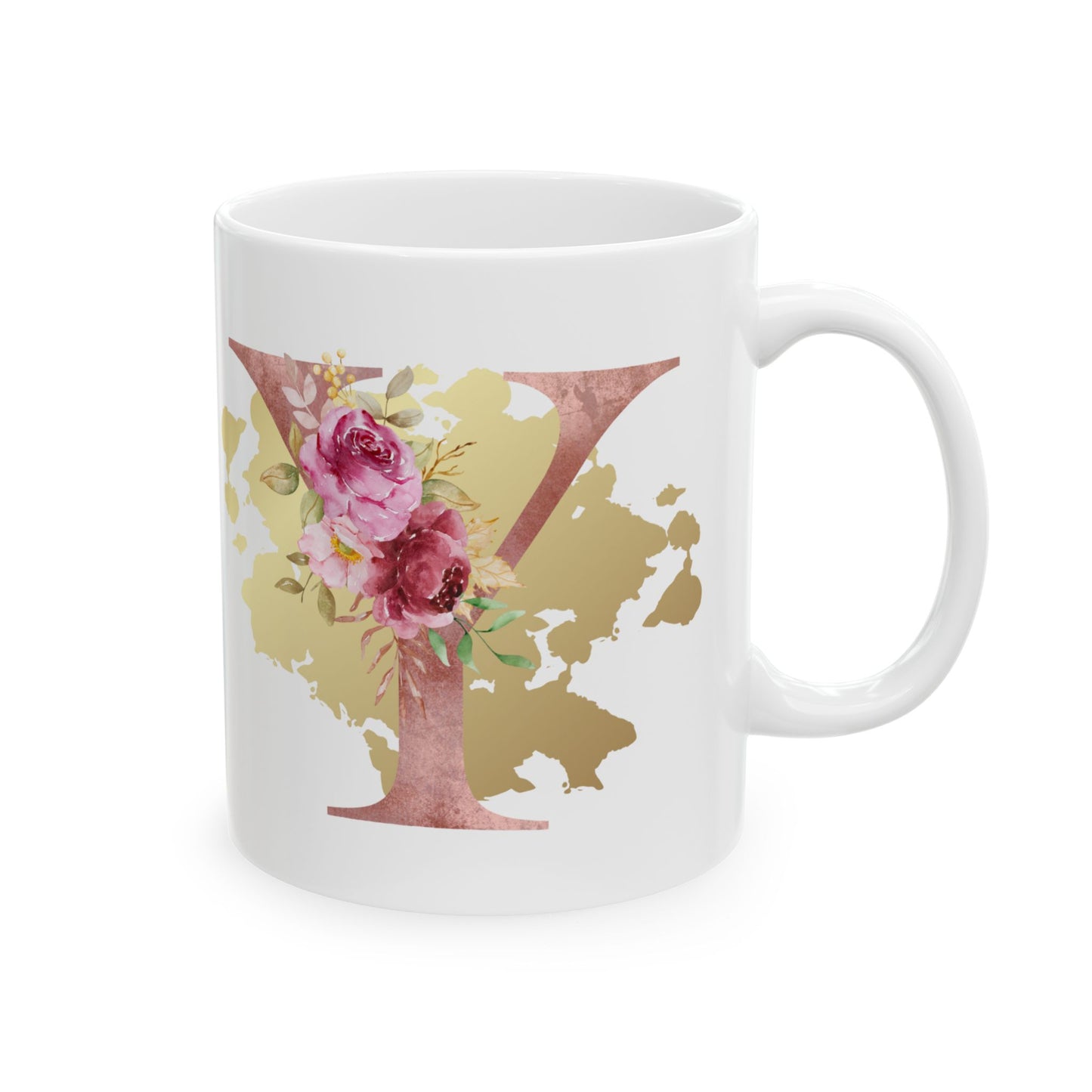 Ceramic Mug, (11oz) - Letter "Y" Initial Pink Flower Gold Splash