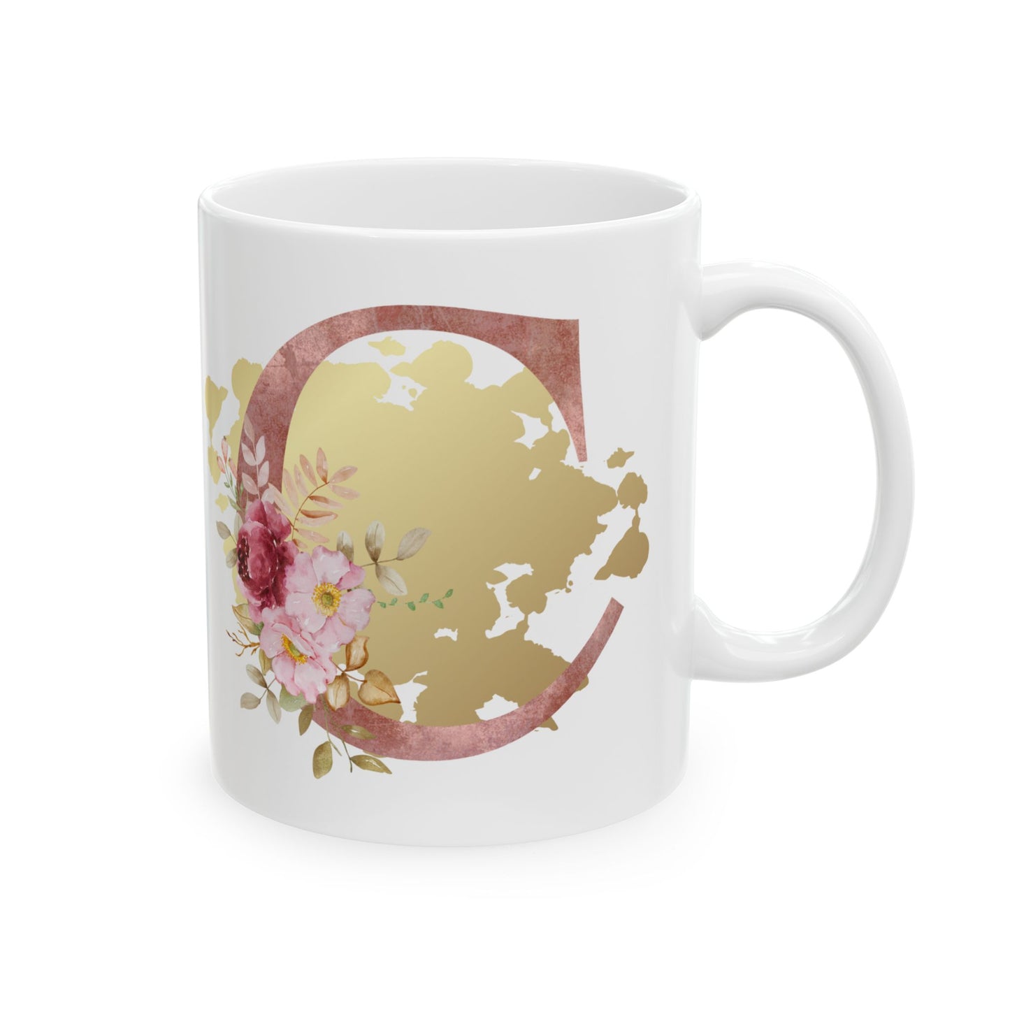 Ceramic Mug, (11oz) - Letter "C" Initial Pink Flower Gold Splash