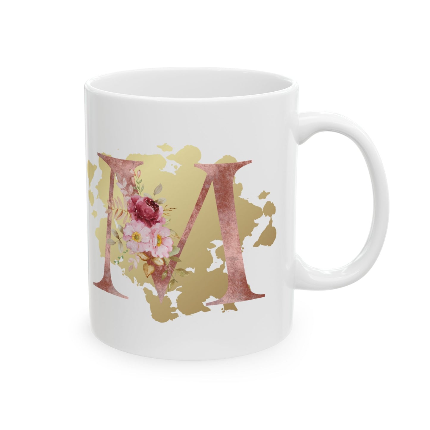 Ceramic Mug, (11oz) - Letter "M" Initial Pink Flower Gold Splash