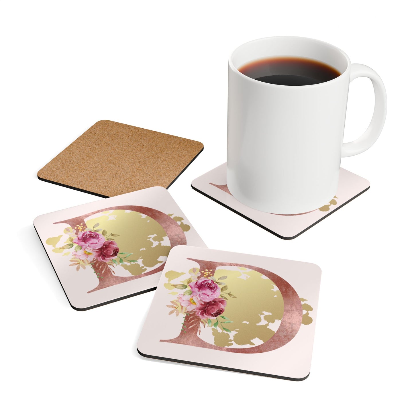 Coaster Set of 4 - Letter "D" Initial Pink Flower Gold Splash