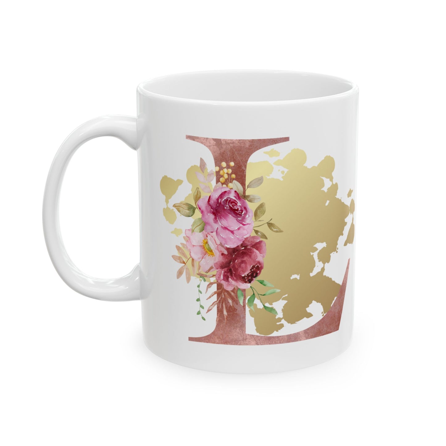 Ceramic Mug, (11oz) - Letter "L" Initial Pink Flower Gold Splash