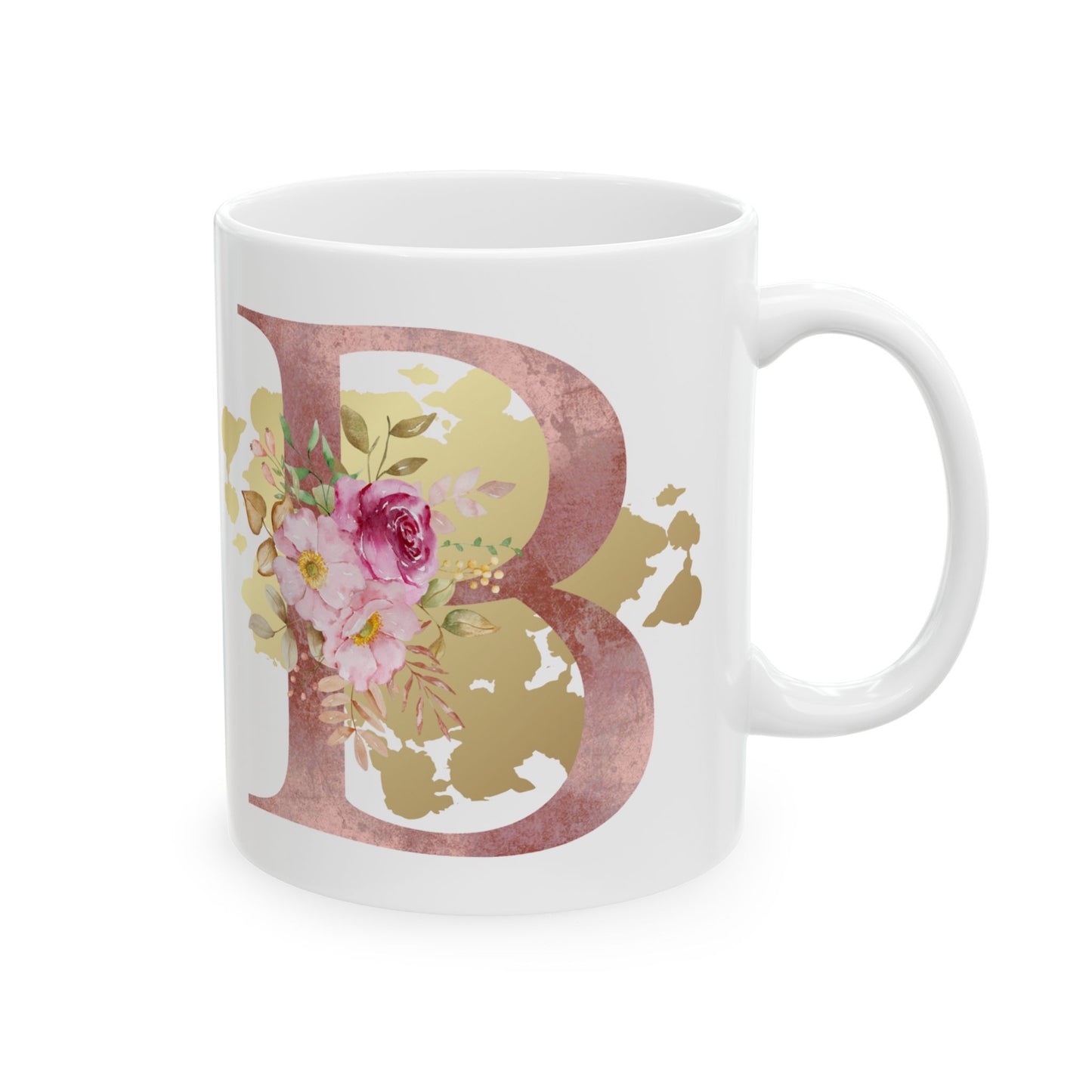 Ceramic Mug, (11oz) - Letter "B" Initial Pink Flower Gold Splash