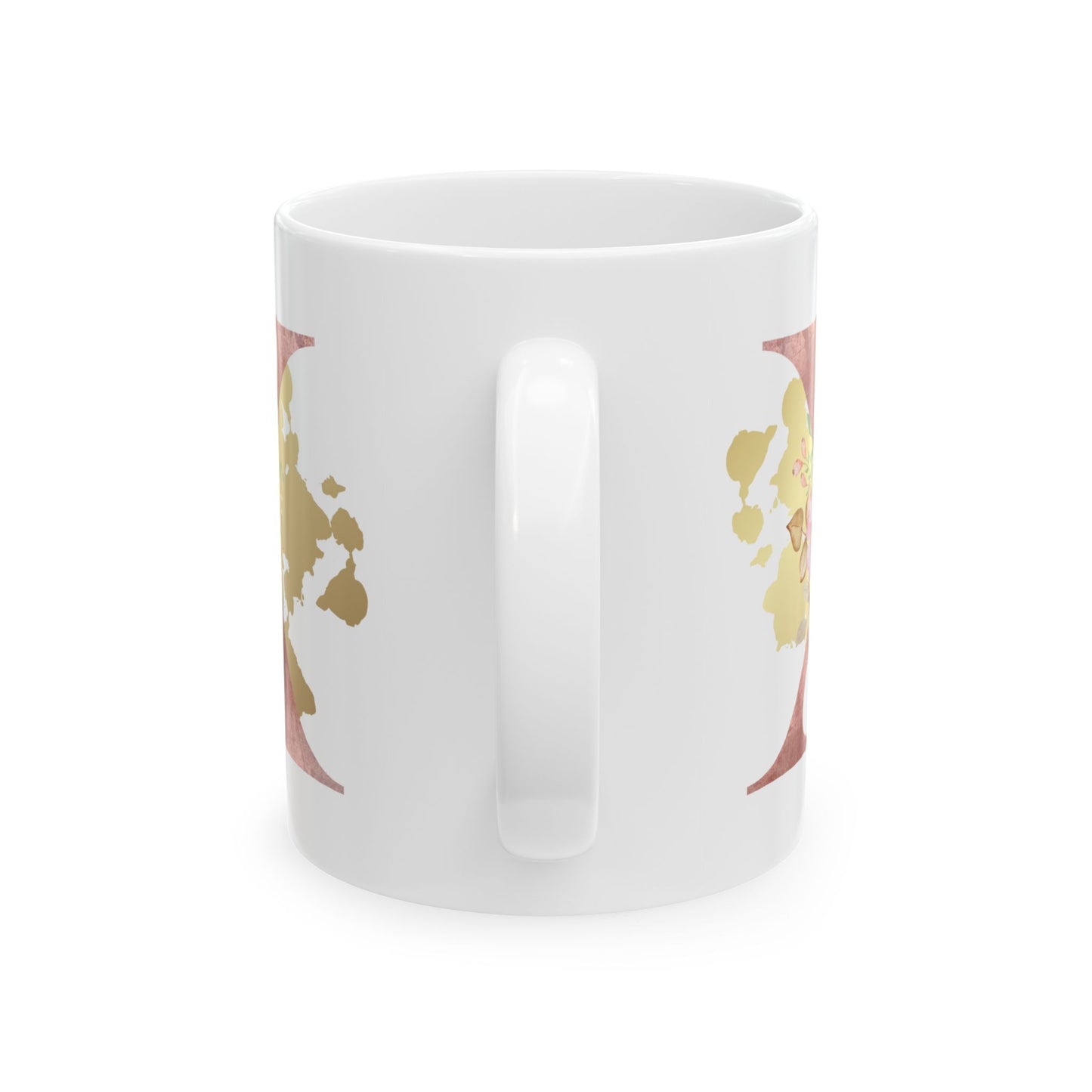 Ceramic Mug, (11oz) - Letter "X" Initial Pink Flower Gold Splash